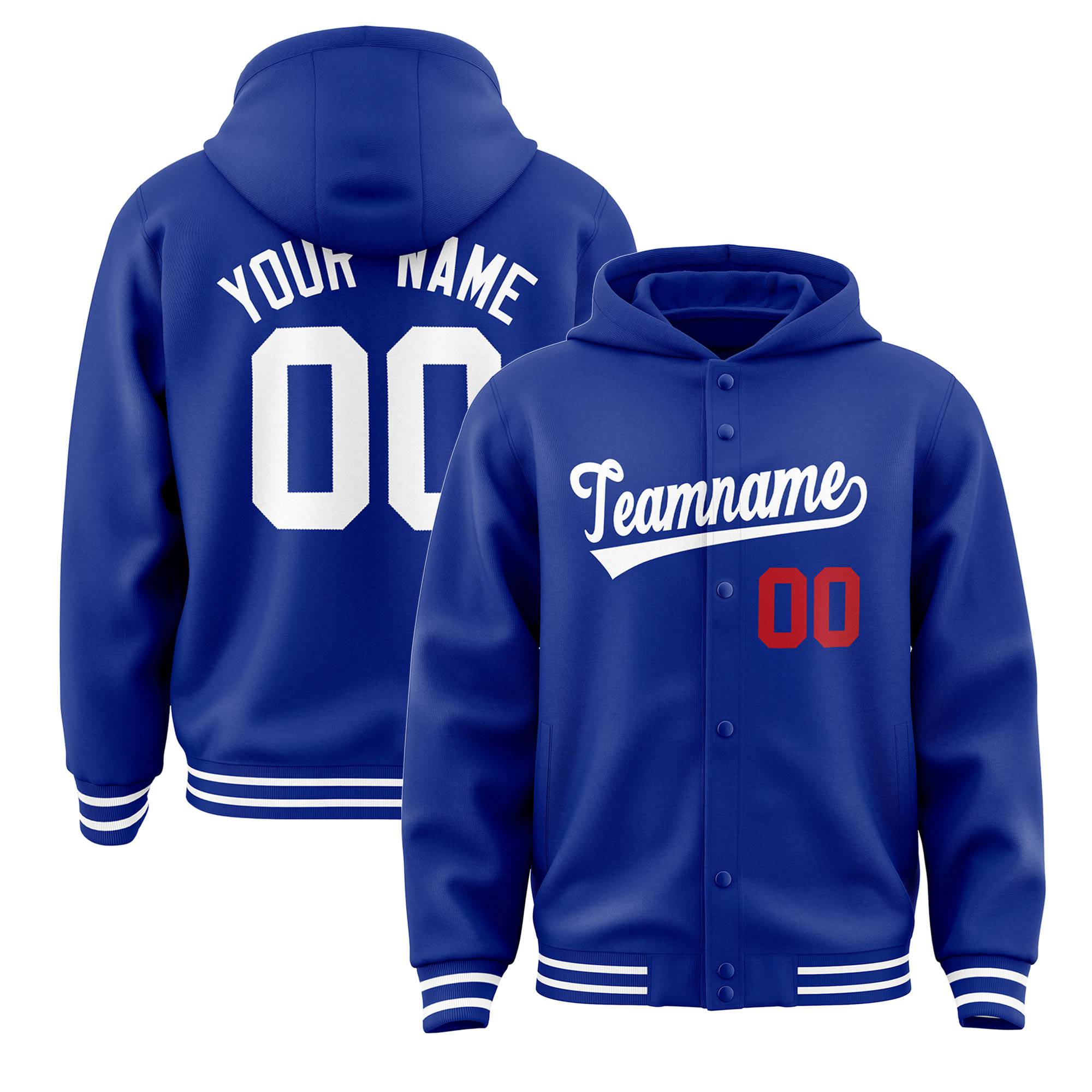 Custom Royal Blue White Varsity Full-Snap Letterman Classic Hoodie Jacket