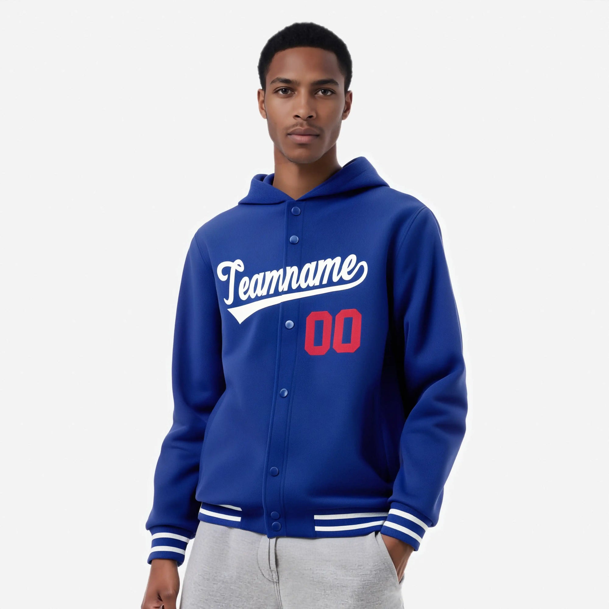 Custom Royal Blue White Varsity Full-Snap Letterman Classic Hoodie Jacket