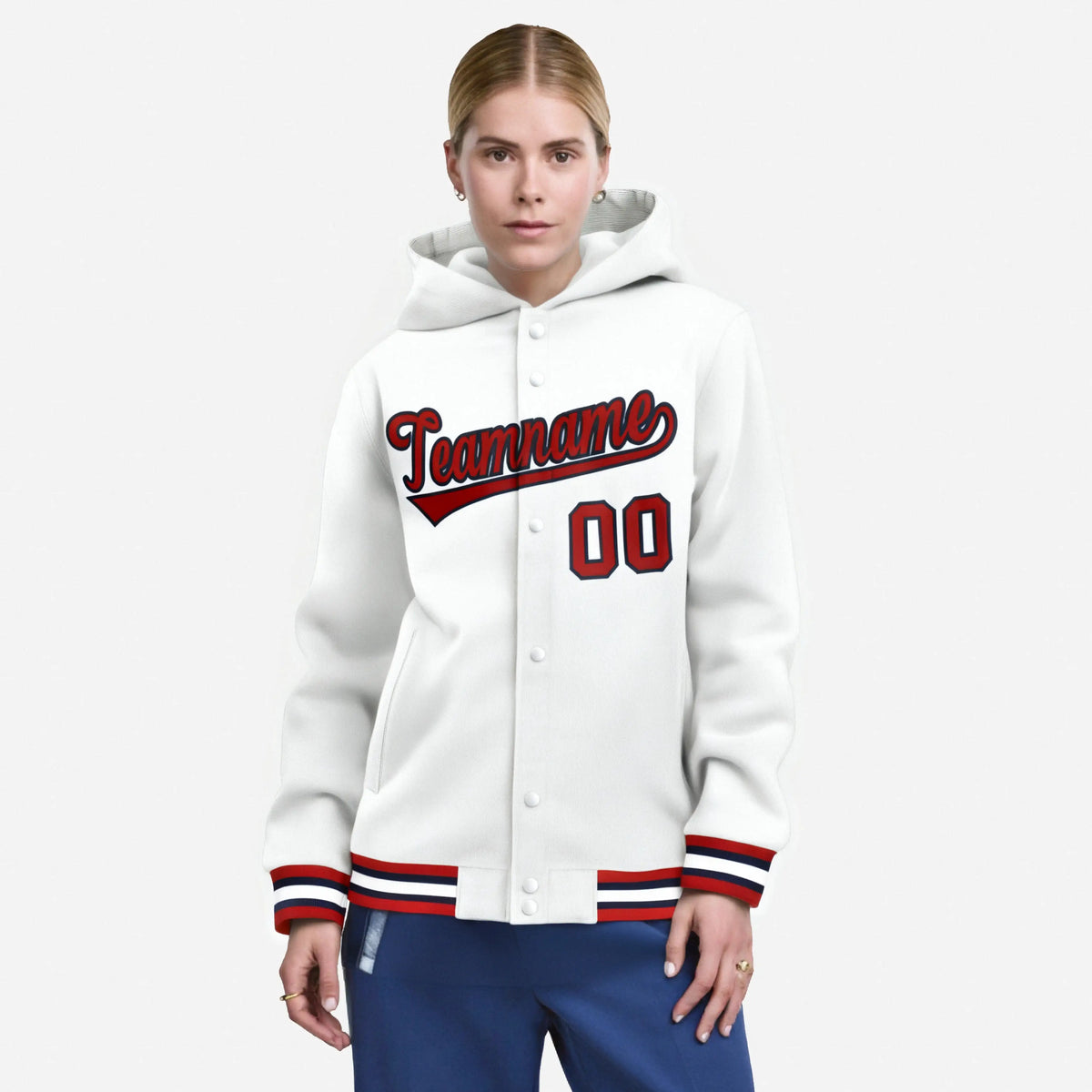 Custom Black Red-Navy Varsity Full-Snap Letterman Classic Hoodie Jacket