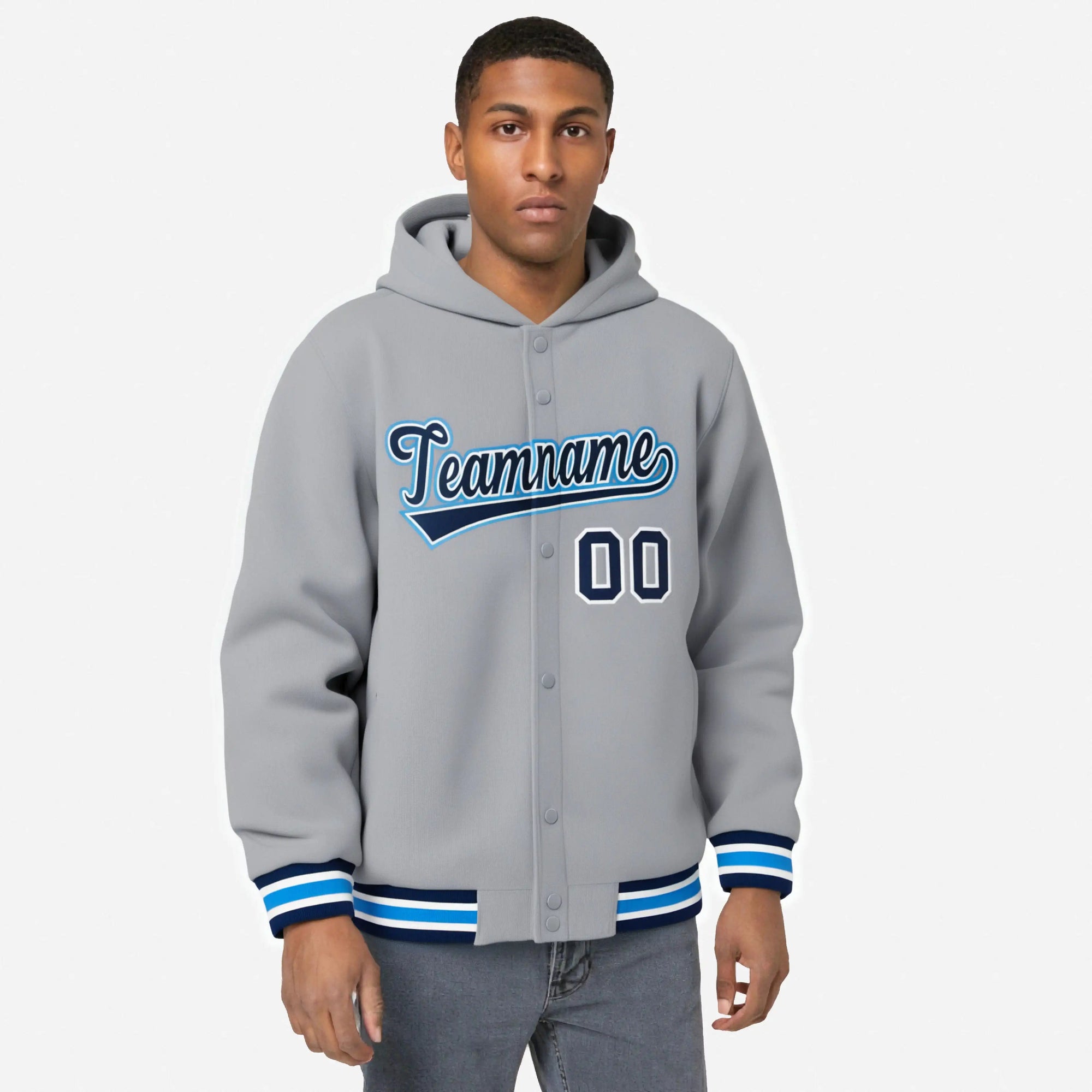 Custom Gray Navy-White Varsity Full-Snap Letterman Classic Hoodie Jacket