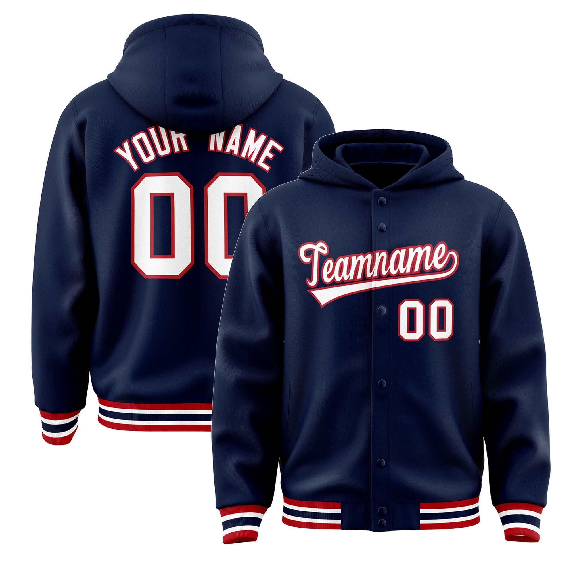 Custom Navy White-Red Varsity Full-Snap Letterman Classic Hoodie Jacket