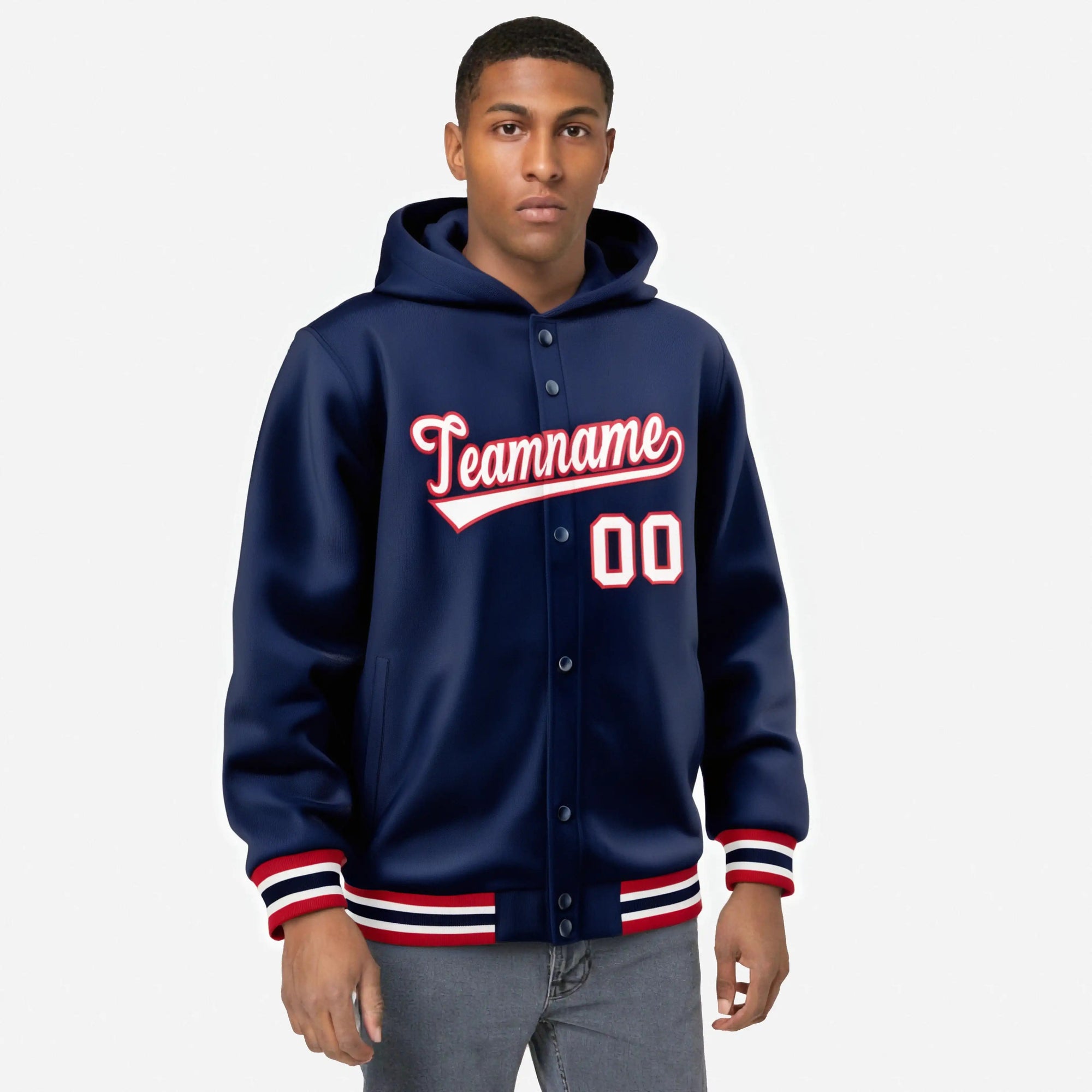 Custom Navy White-Red Varsity Full-Snap Letterman Classic Hoodie Jacket