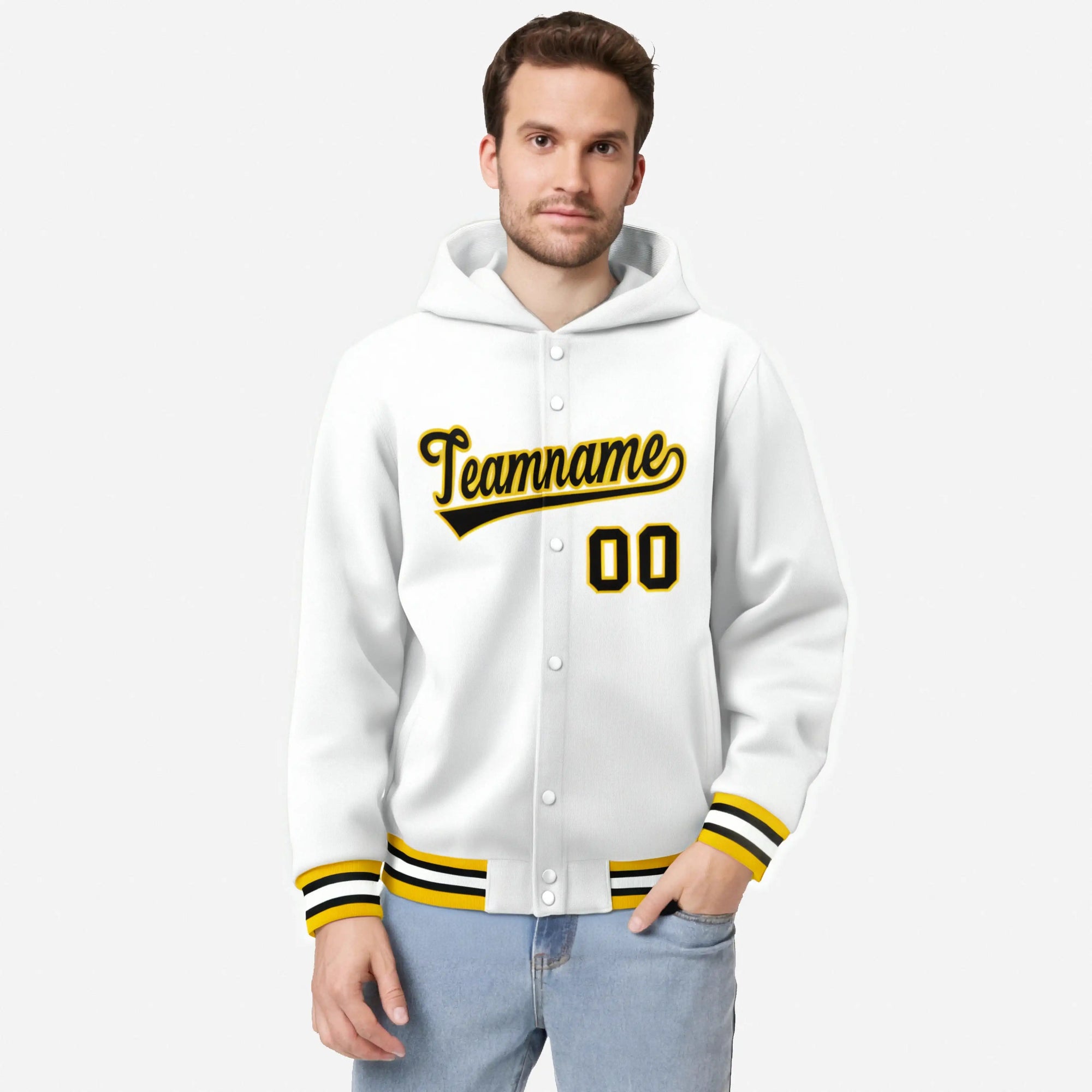 Custom White Black-Gold Varsity Full-Snap Letterman Classic Hoodie Jacket