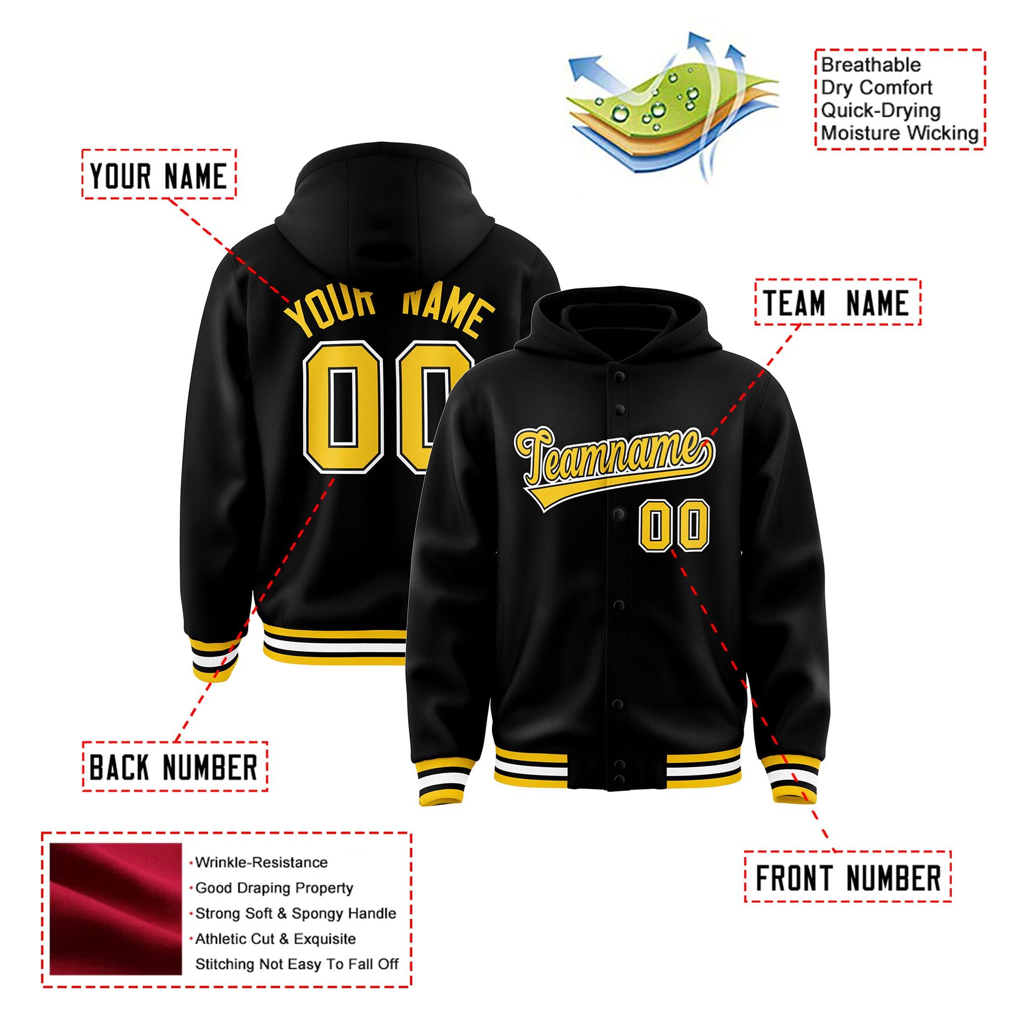 Custom Black Gold-Black Varsity Full-Snap Letterman Classic Hoodie Jacket