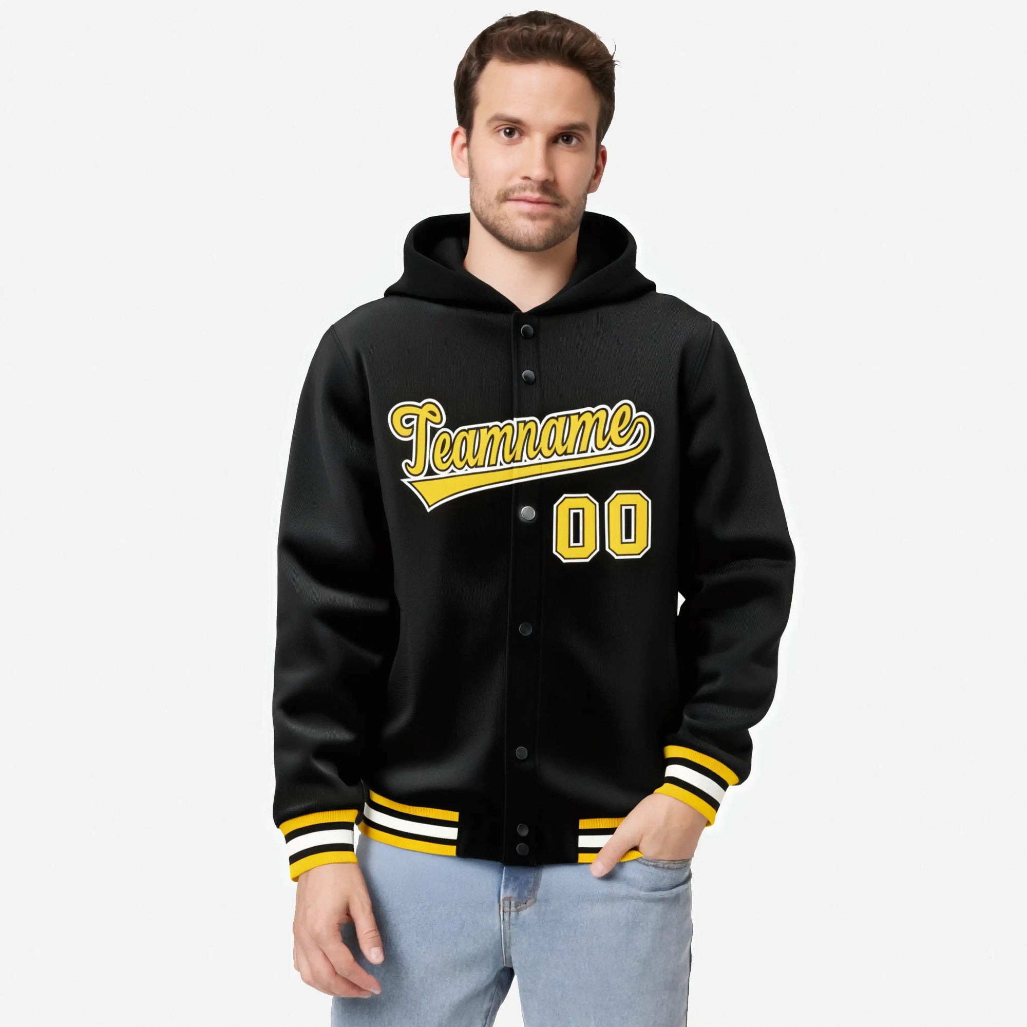 Custom Black Gold-Black Varsity Full-Snap Letterman Classic Hoodie Jacket