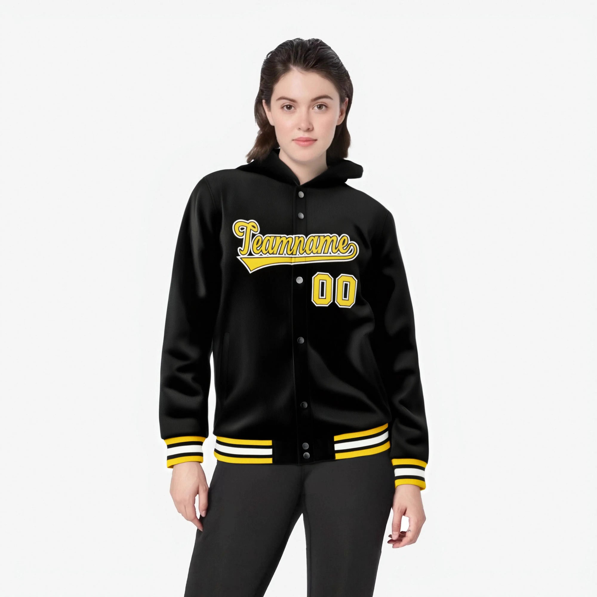 Custom Black Gold-Black Varsity Full-Snap Letterman Classic Hoodie Jacket