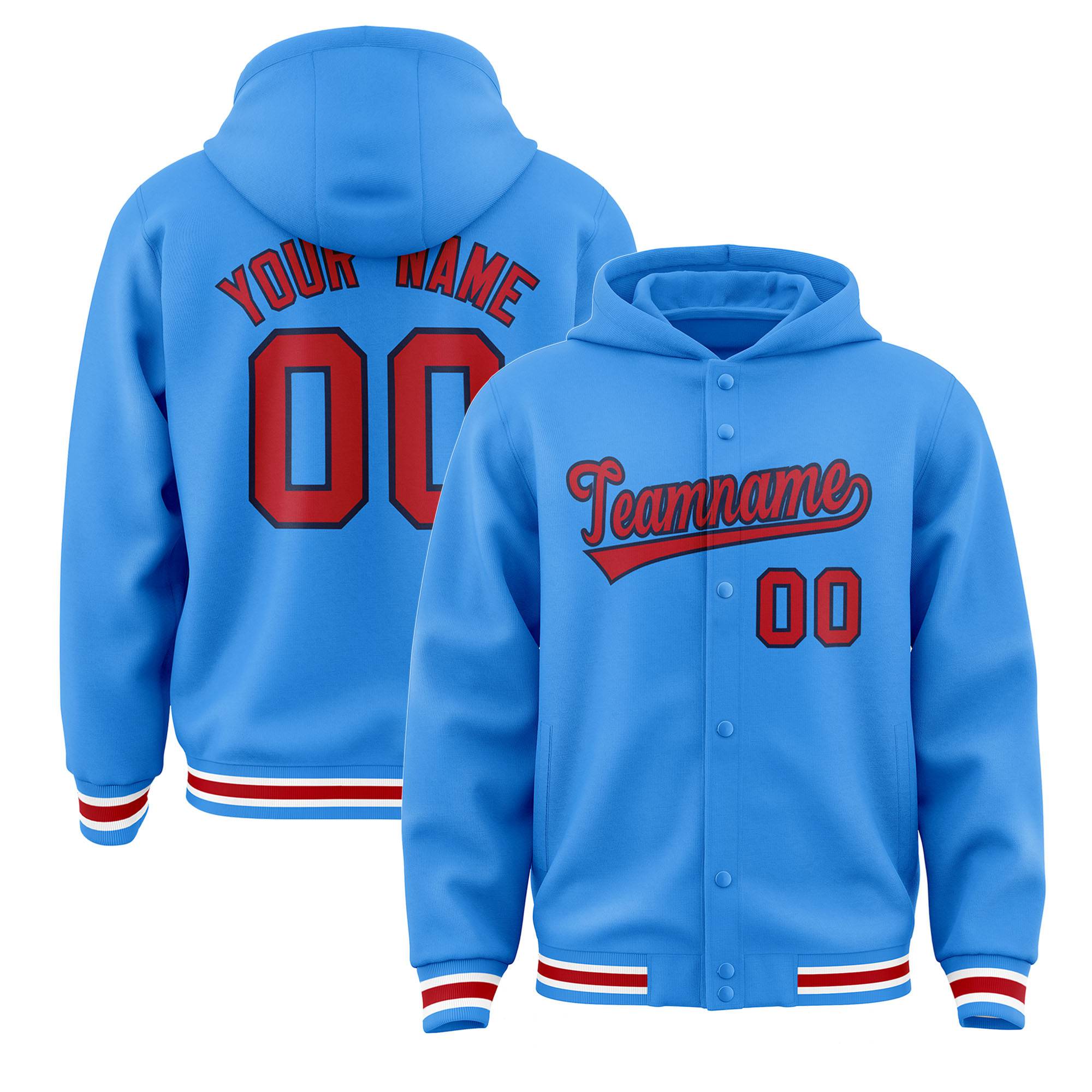 Custom Powder Blue Red-Navy Varsity Full-Snap Letterman Classic Hoodie Jacket