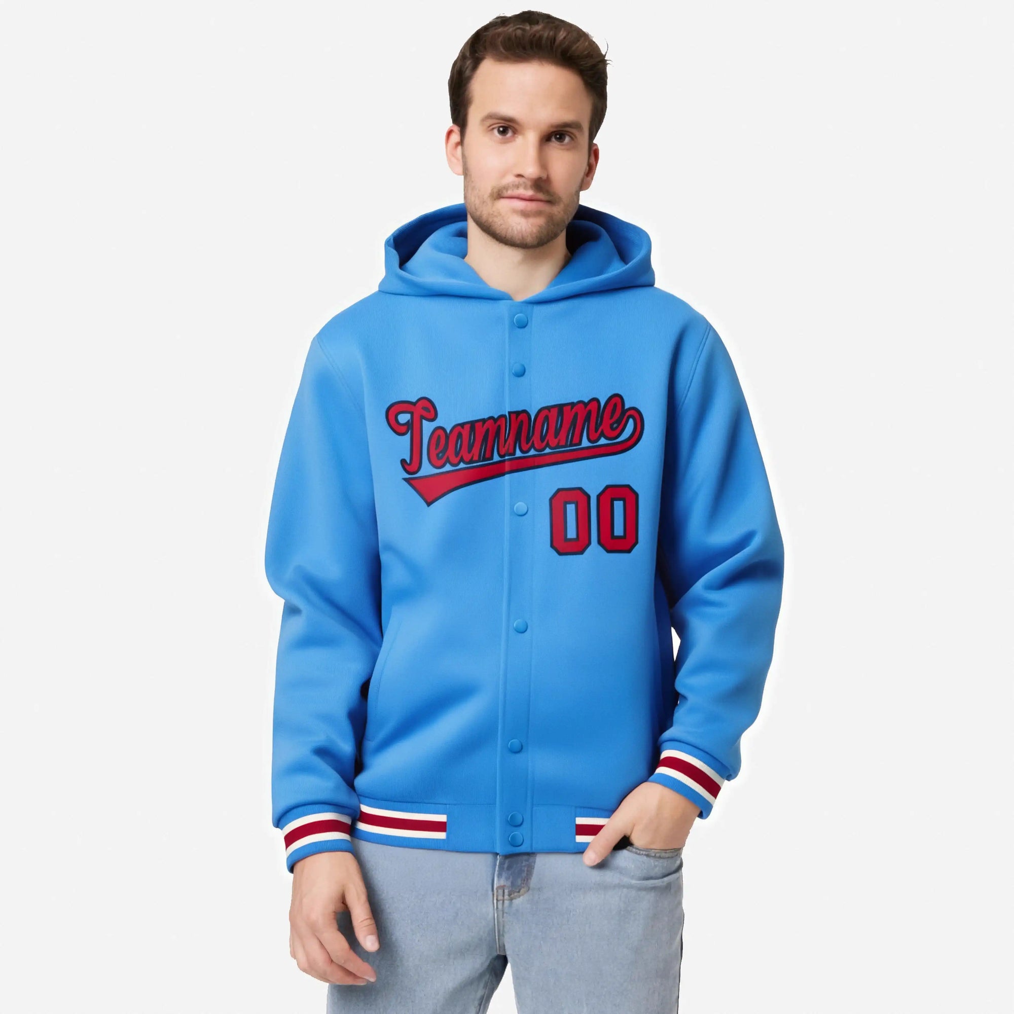 Custom Powder Blue Red-Navy Varsity Full-Snap Letterman Classic Hoodie Jacket