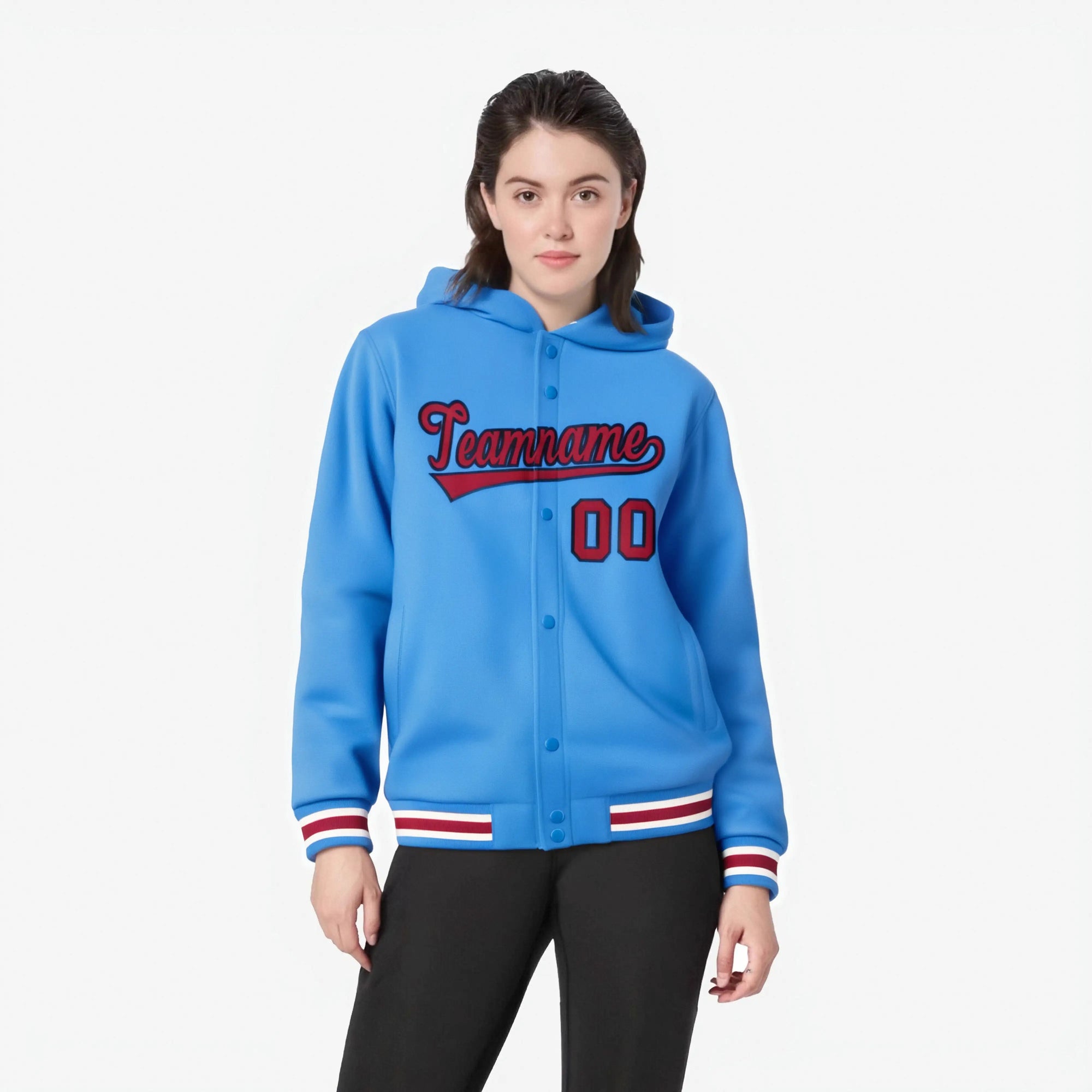 Custom Powder Blue Red-Navy Varsity Full-Snap Letterman Classic Hoodie Jacket