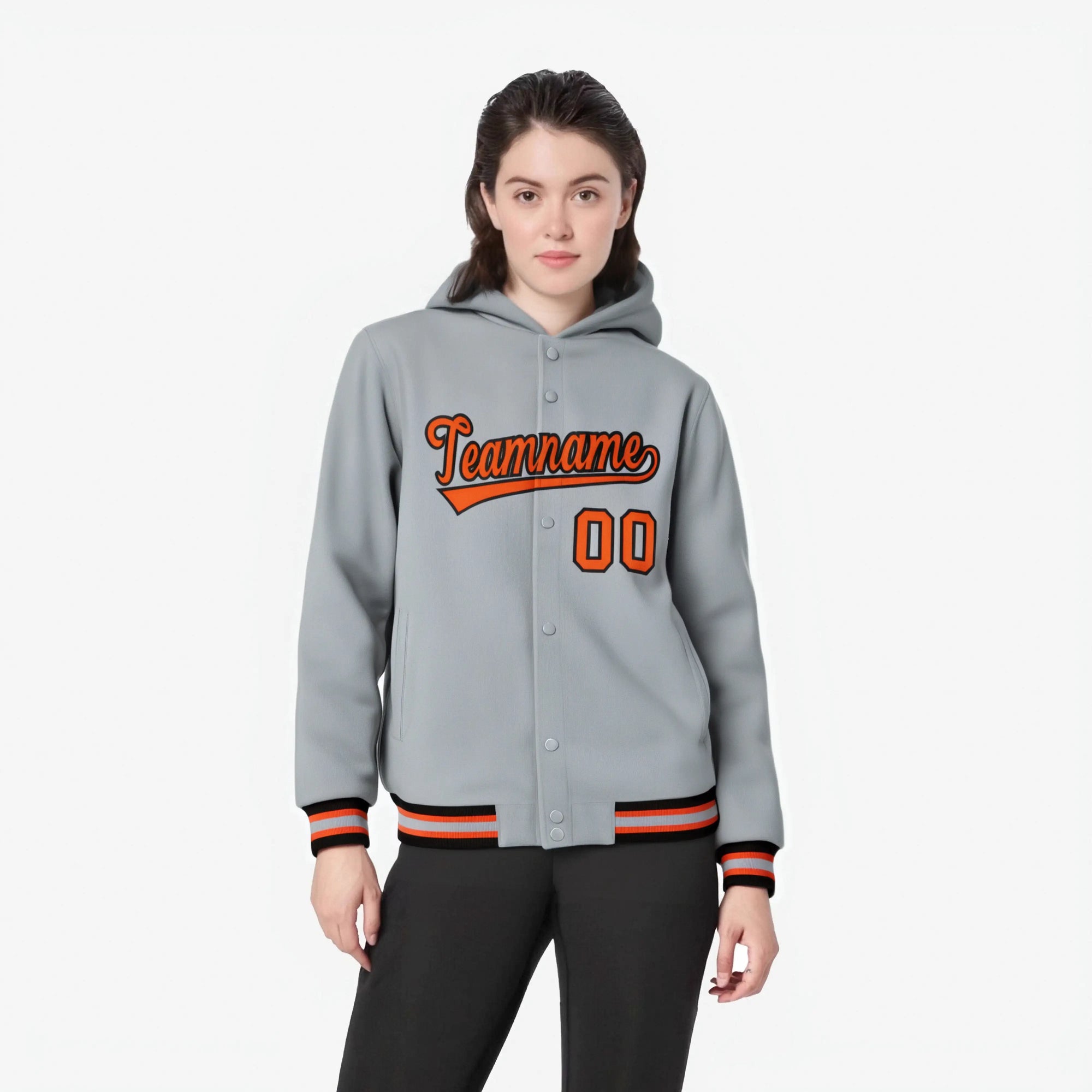 Custom Gray Orange-Black Varsity Full-Snap Letterman Classic Hoodie Jacket