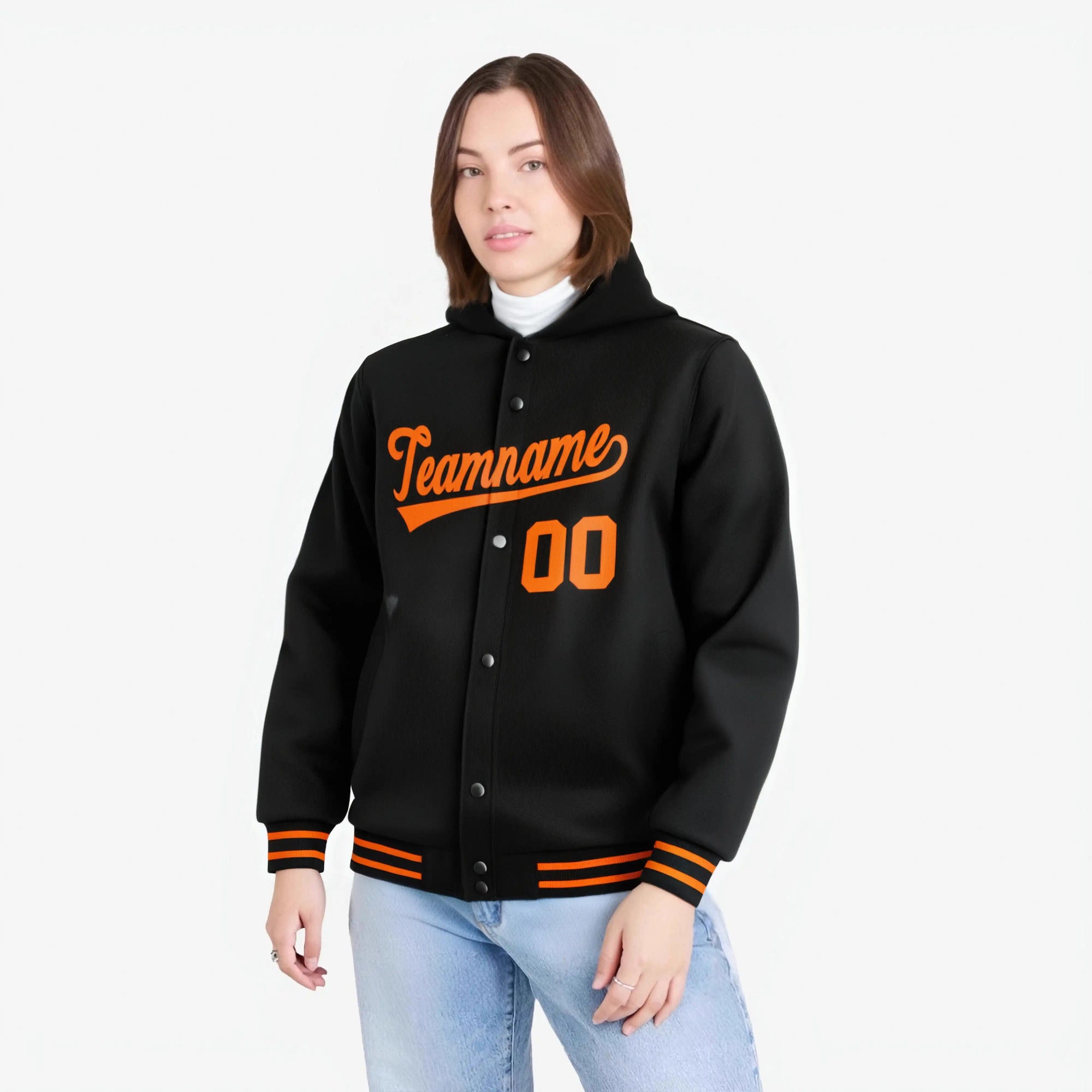 Custom Black Orange-Black Varsity Full-Snap Letterman Classic Hoodie Jacket