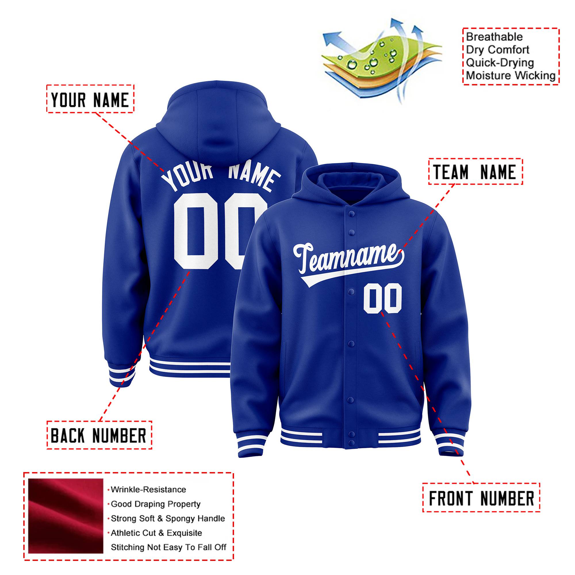 Custom Royal Blue White Varsity Full-Snap Letterman Classic Hoodie Jacket