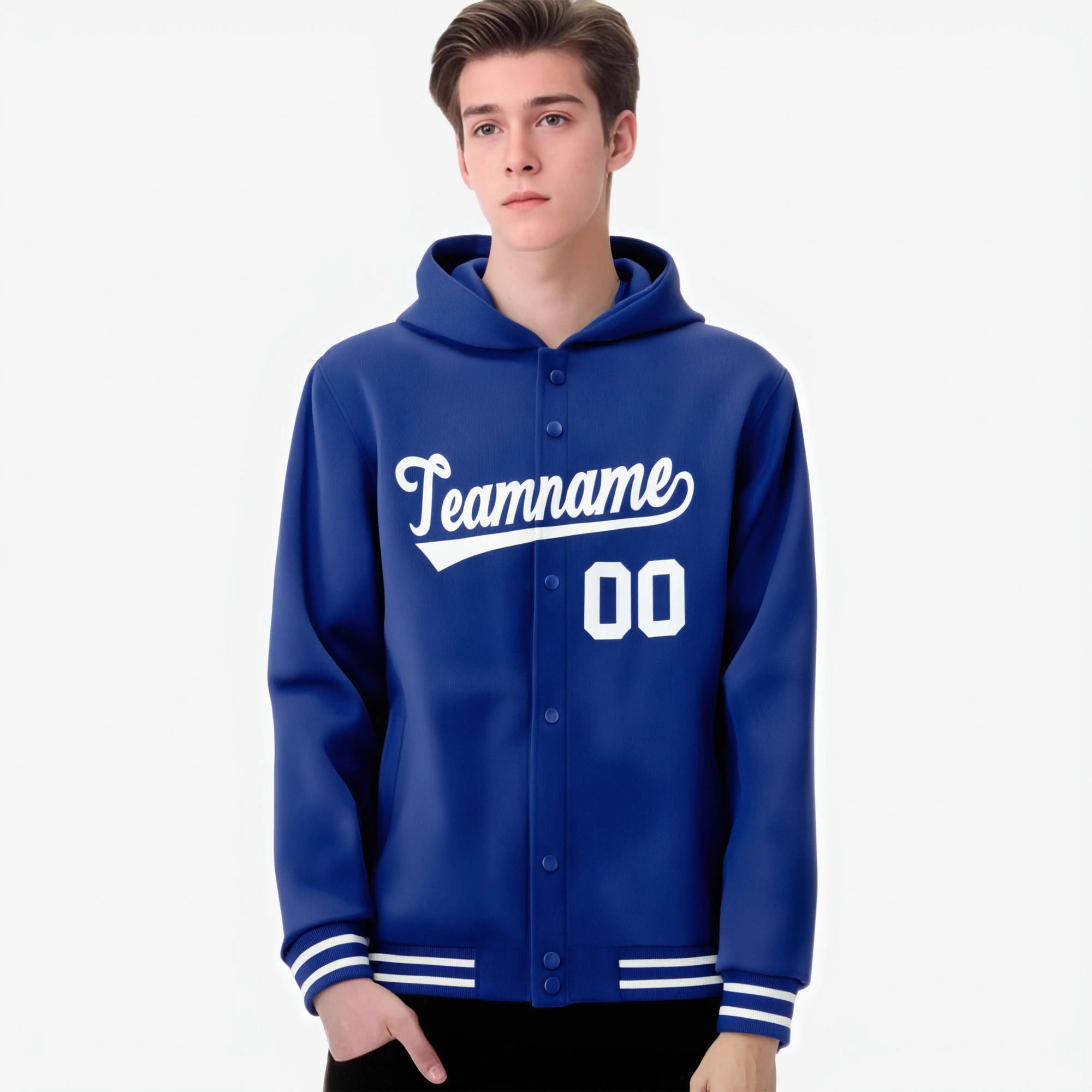 Custom Royal Blue White Varsity Full-Snap Letterman Classic Hoodie Jacket