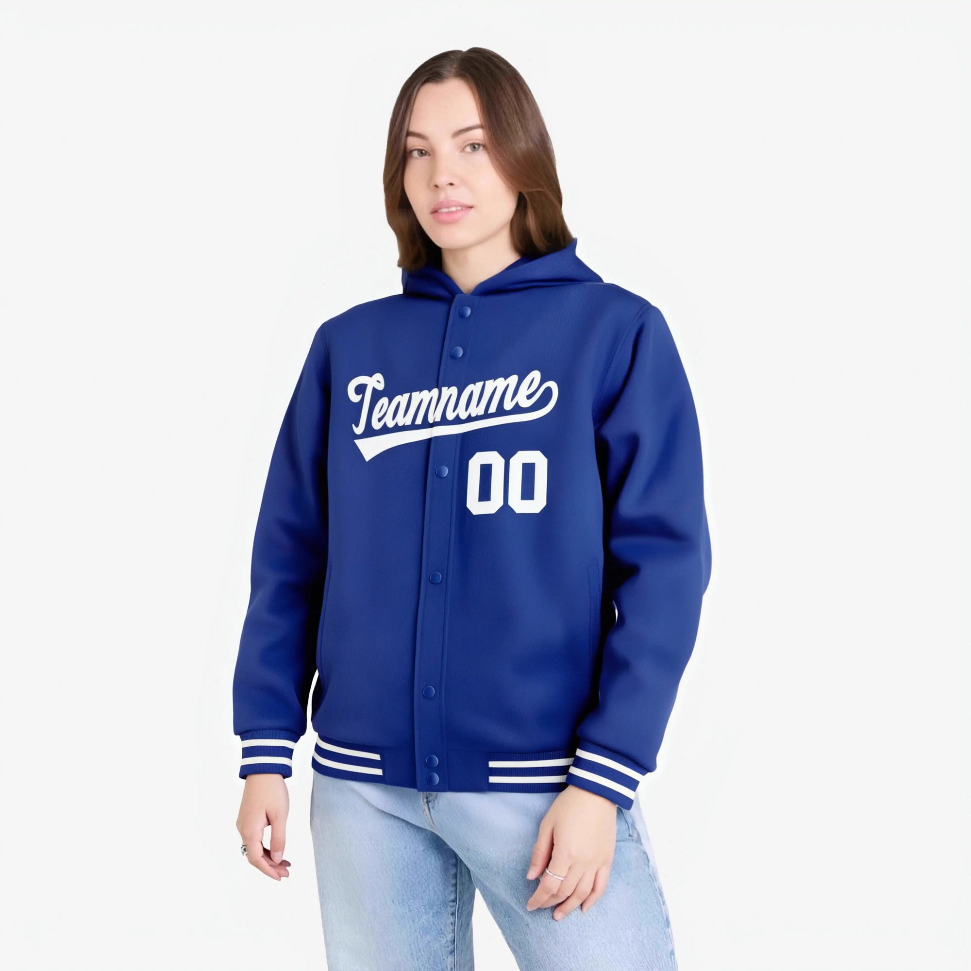 Custom Royal Blue White Varsity Full-Snap Letterman Classic Hoodie Jacket