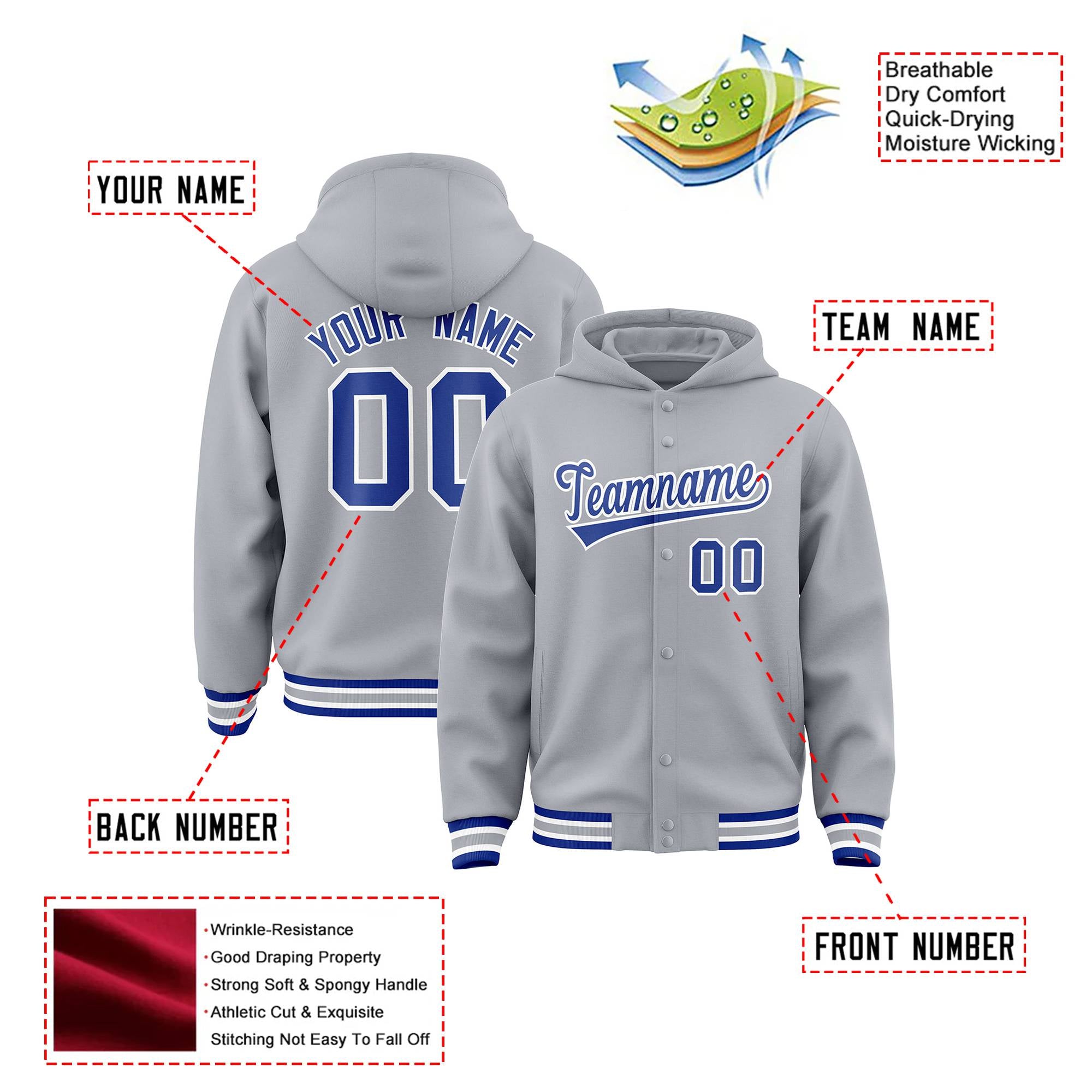 Custom Gray Royal Blue-White Varsity Full-Snap Letterman Classic Hoodie Jacket