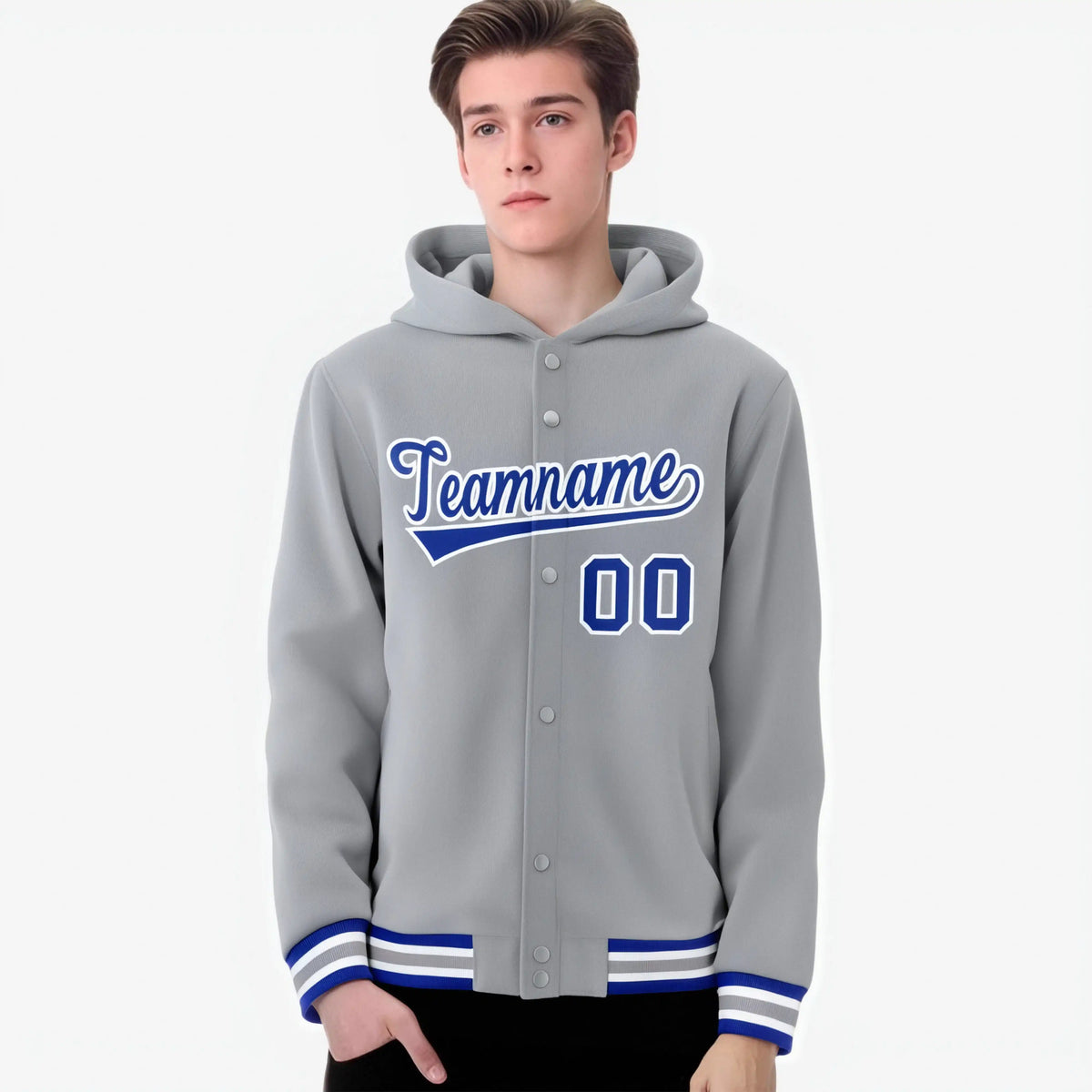 Custom Gray Royal Blue-White Varsity Full-Snap Letterman Classic Hoodie Jacket