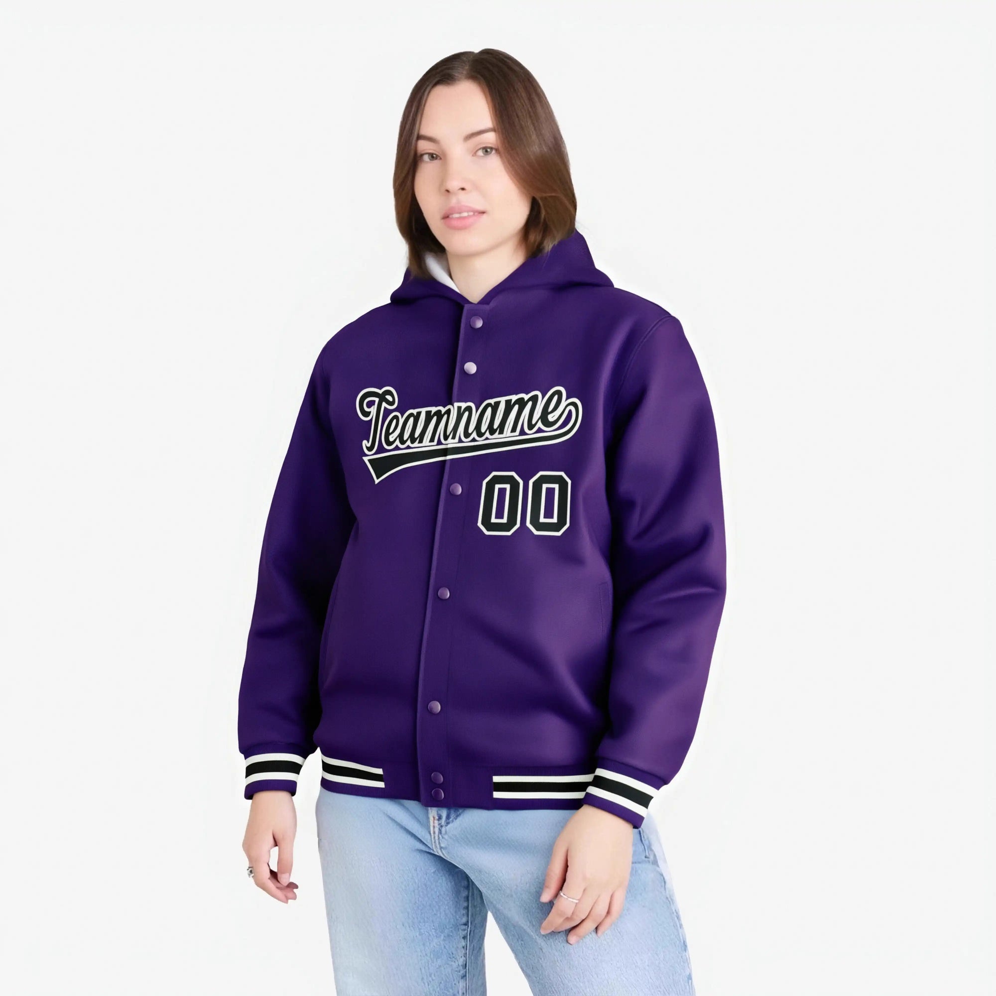 Custom Purple Black-White Varsity Full-Snap Letterman Classic Hoodie Jacket