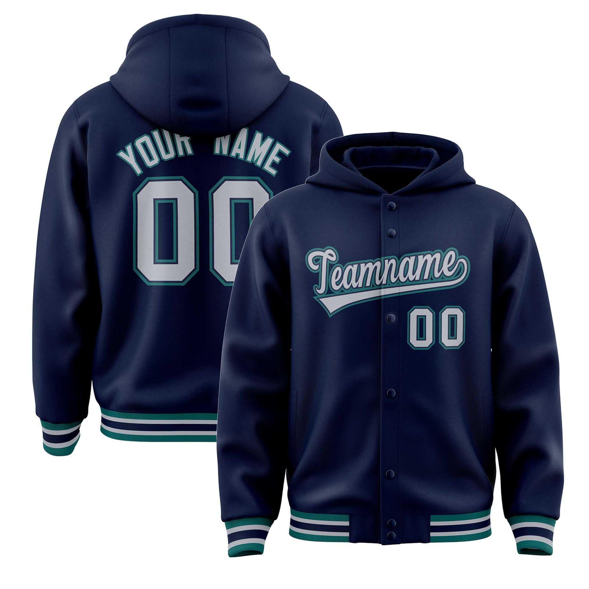 Custom Navy Gray-Aqua Varsity Full-Snap Letterman Classic Hoodie Jacket