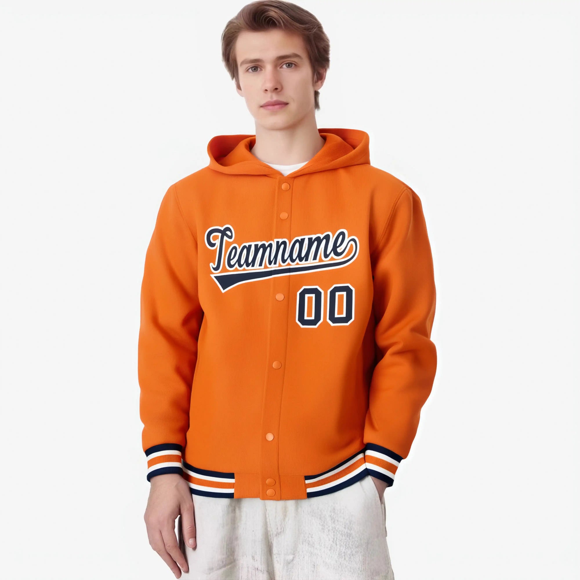 Custom Orange Navy-White Varsity Full-Snap Letterman Classic Hoodie Jacket