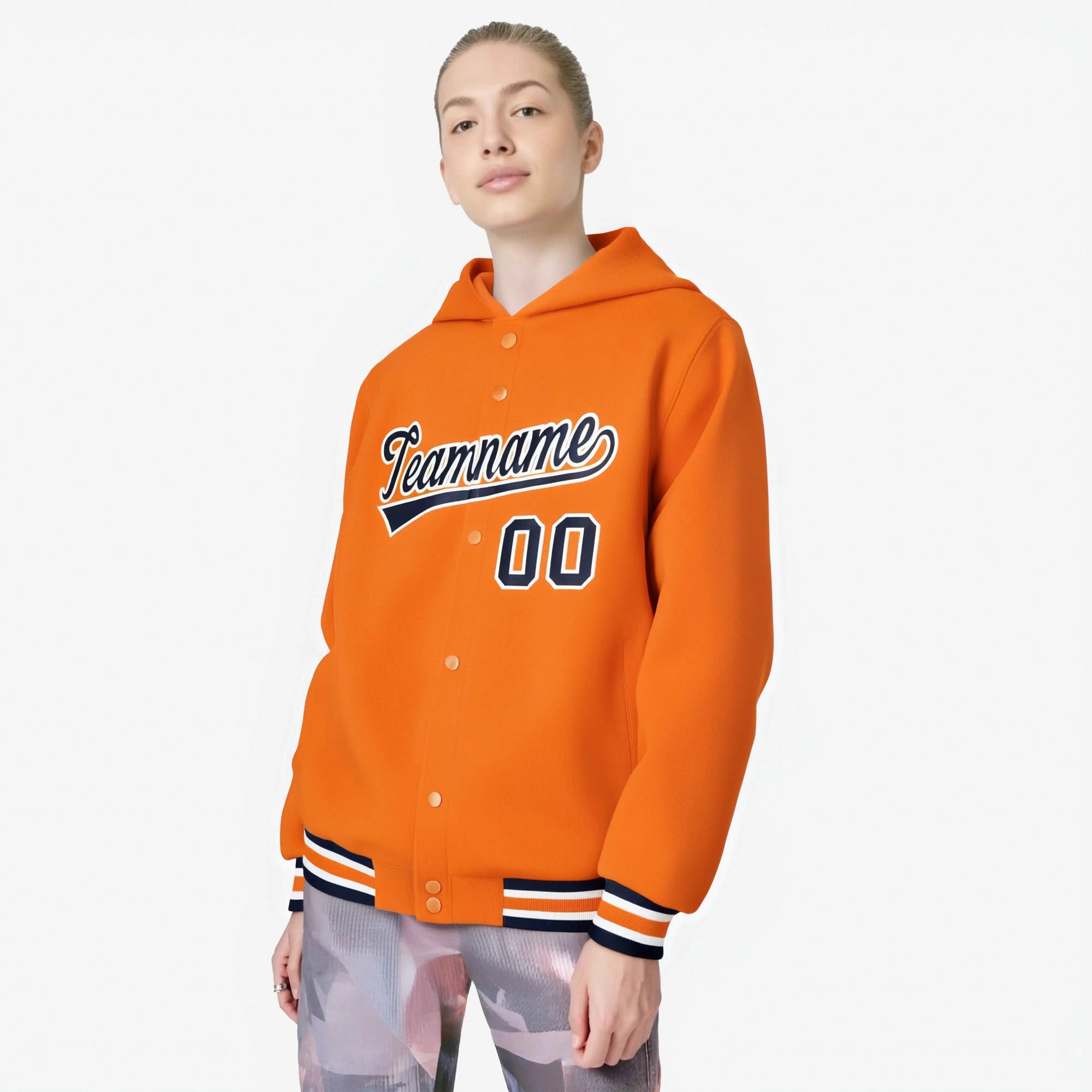 Custom Orange Navy-White Varsity Full-Snap Letterman Classic Hoodie Jacket