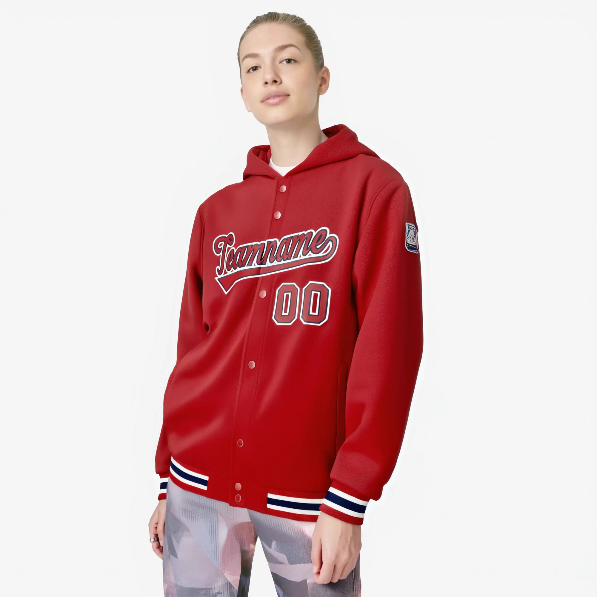 Custom Red White Varsity Full-Snap Letterman Classic Hoodie Jacket