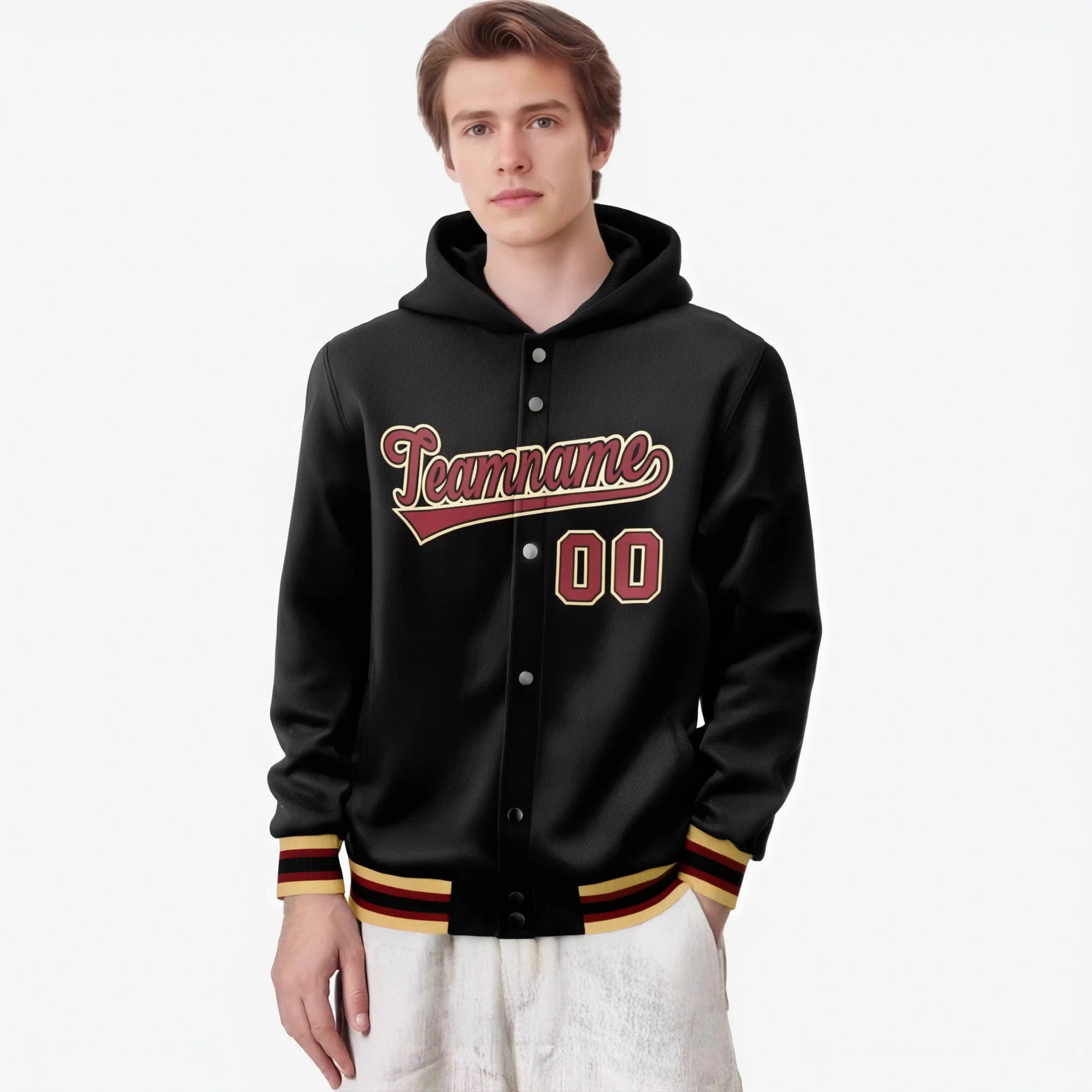 Custom Black Crimson-Gold Varsity Full-Snap Letterman Classic Hoodie Jacket