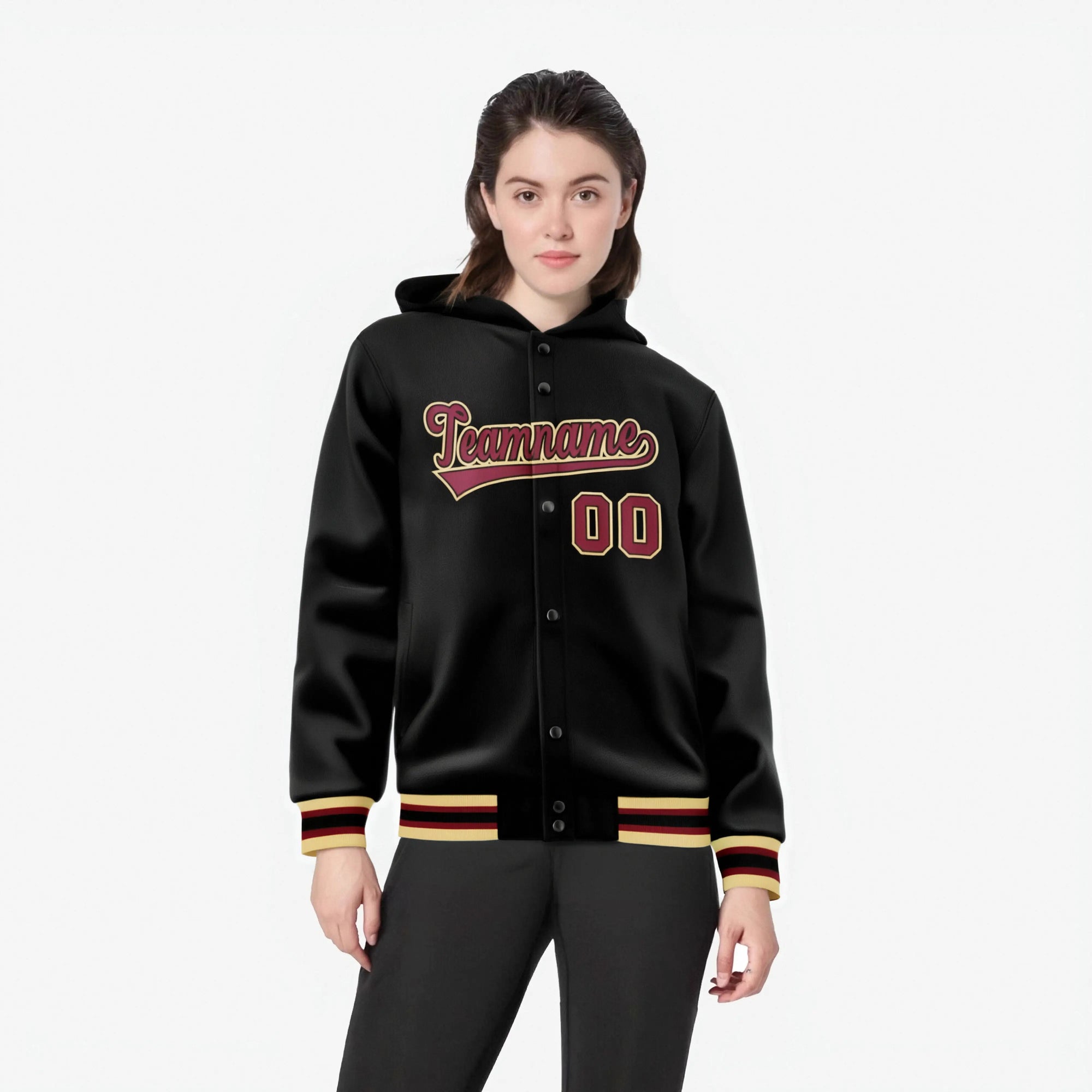 Custom Black Crimson-Gold Varsity Full-Snap Letterman Classic Hoodie Jacket