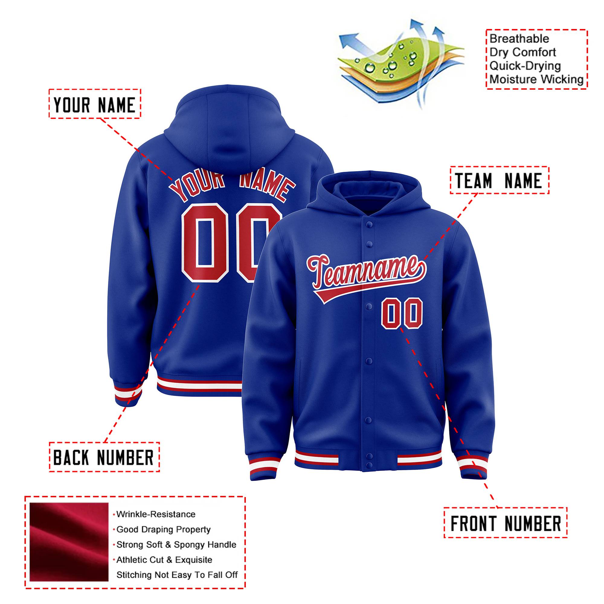 Custom Royal Blue Red-White Varsity Full-Snap Letterman Classic Hoodie Jacket