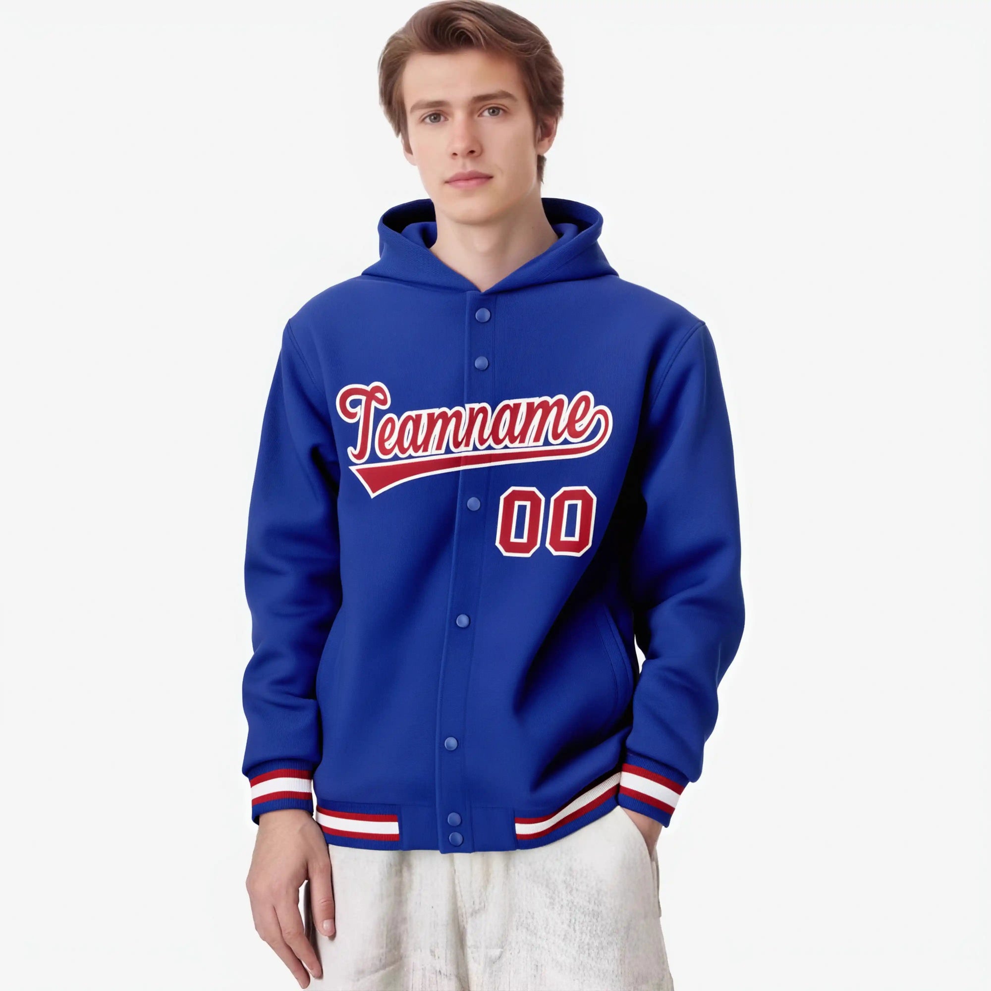 Custom Royal Blue Red-White Varsity Full-Snap Letterman Classic Hoodie Jacket