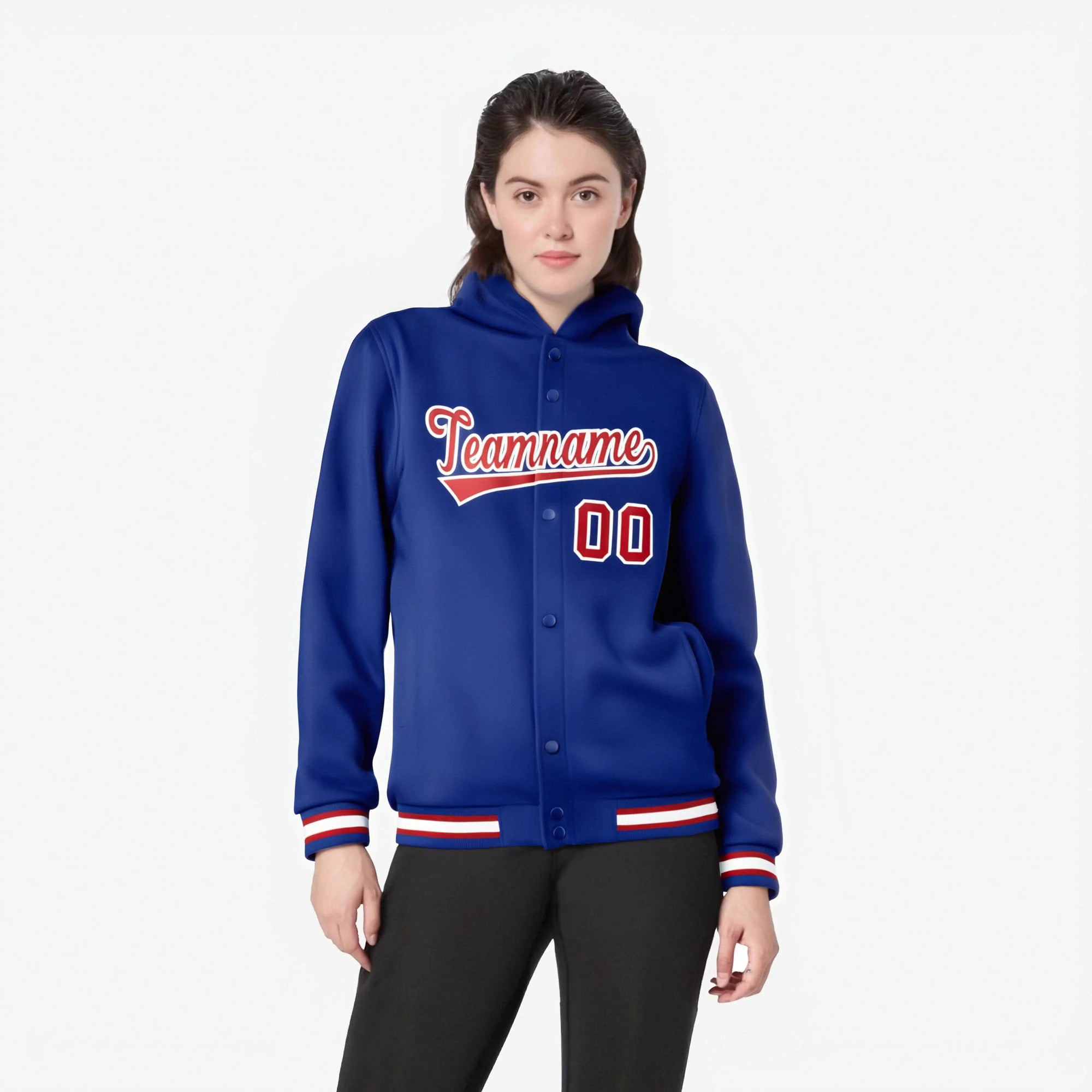 Custom Royal Blue Red-White Varsity Full-Snap Letterman Classic Hoodie Jacket