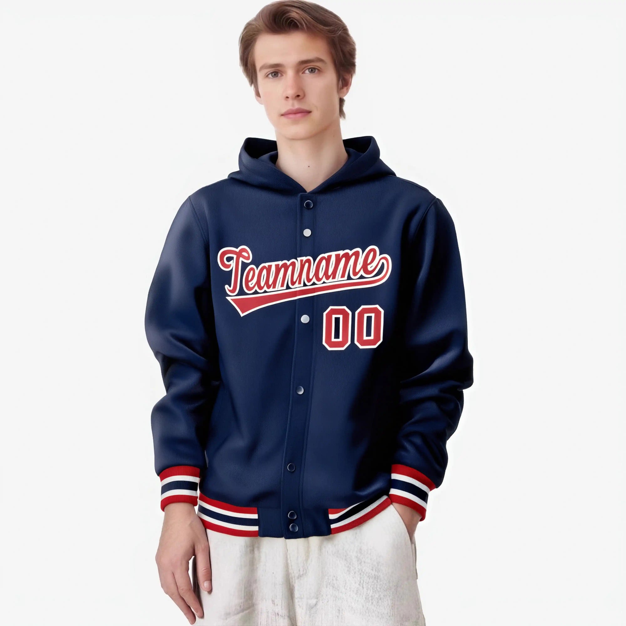 Custom Navy Red-White Varsity Full-Snap Letterman Classic Hoodie Jacket