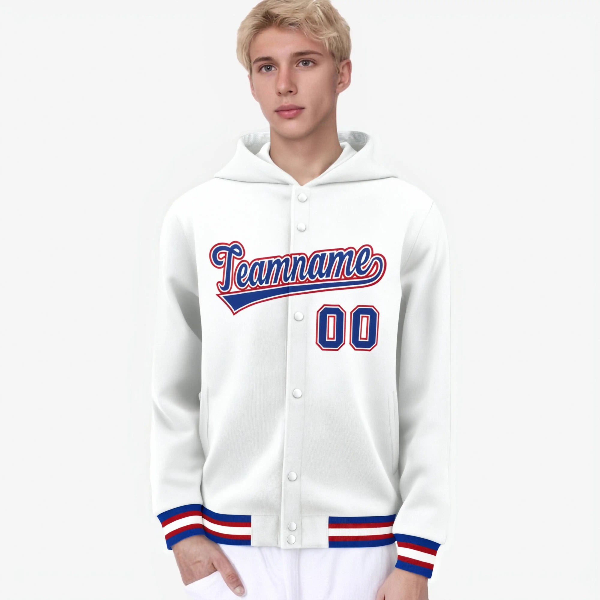 Custom White Royal Blue-Red Varsity Full-Snap Letterman Classic Hoodie Jacket