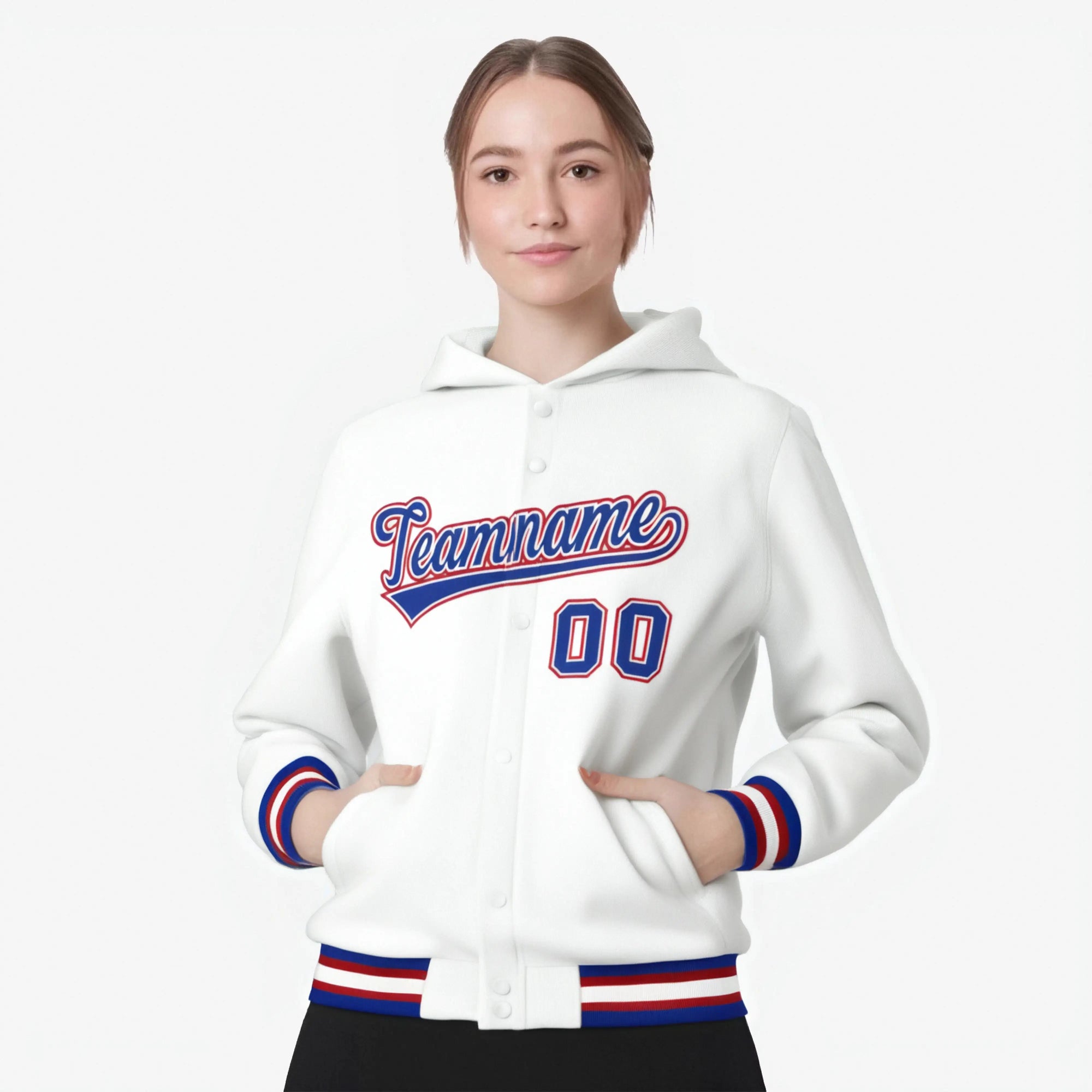 Custom White Royal Blue-Red Varsity Full-Snap Letterman Classic Hoodie Jacket