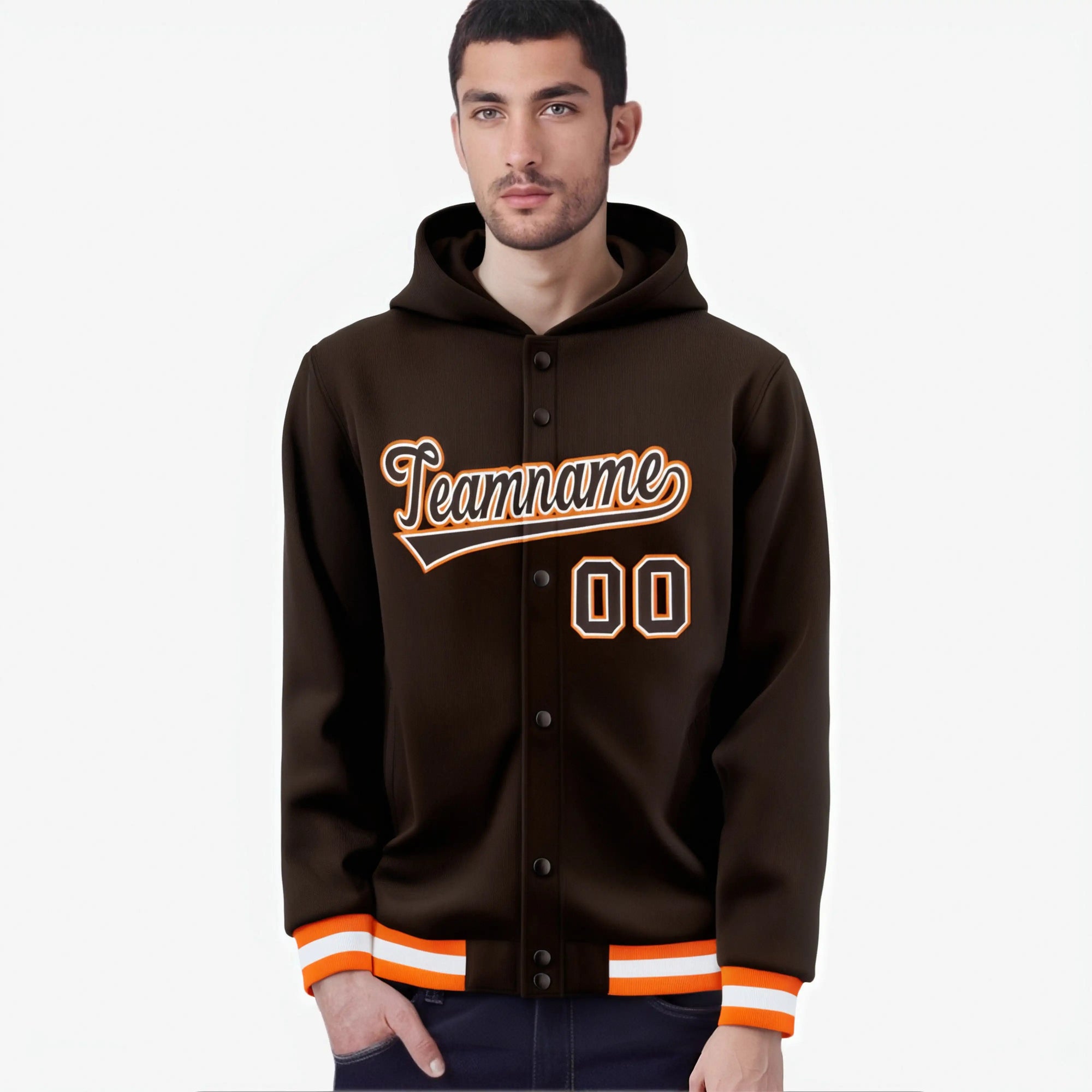 Custom Brown Orange-White Varsity Full-Snap Letterman Classic Hoodie Jacket