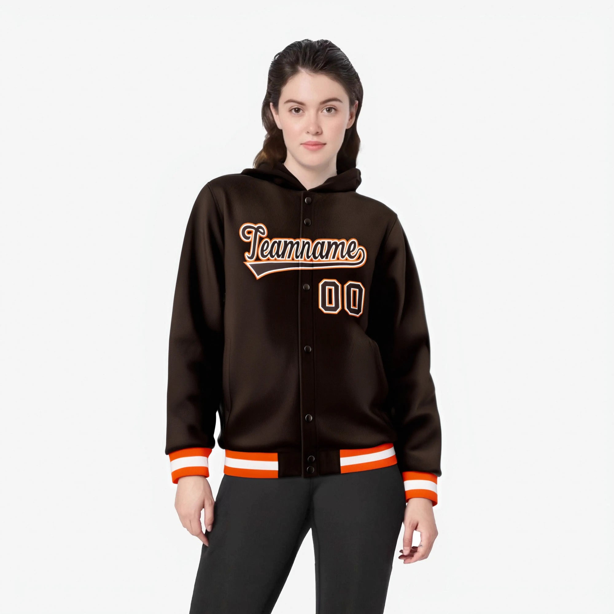 Custom Brown Orange-White Varsity Full-Snap Letterman Classic Hoodie Jacket