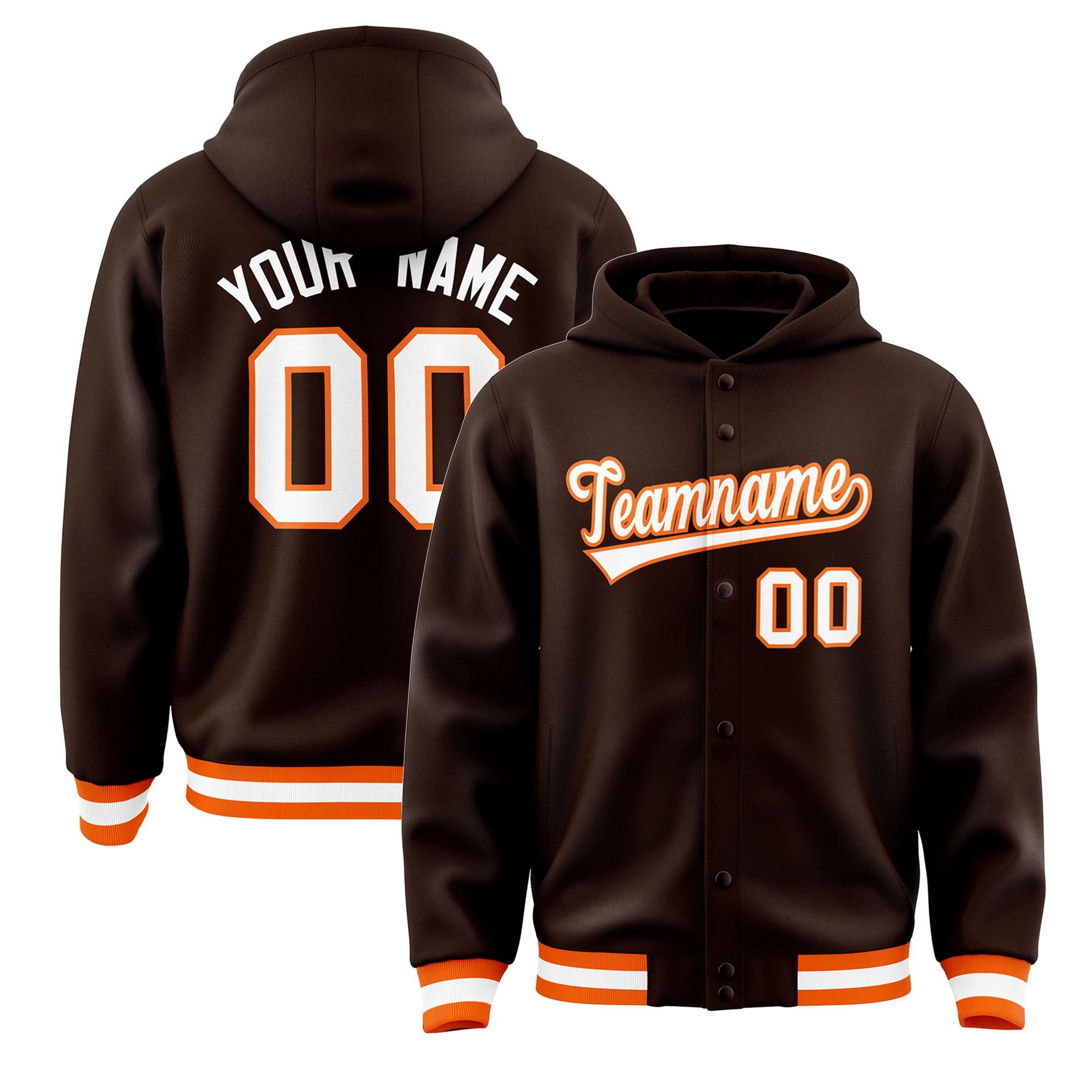 Custom Brown White-Orange Varsity Full-Snap Letterman Classic Hoodie Jacket