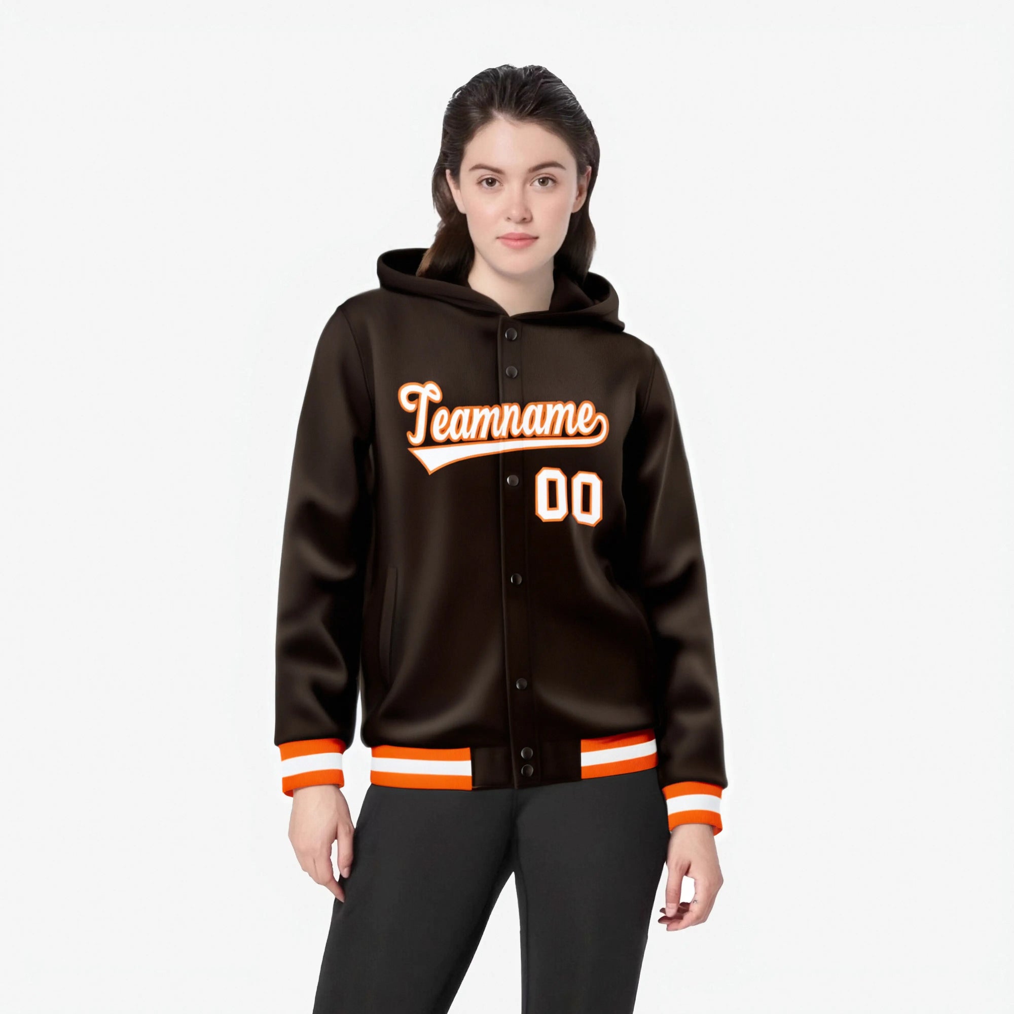 Custom Brown White-Orange Varsity Full-Snap Letterman Classic Hoodie Jacket