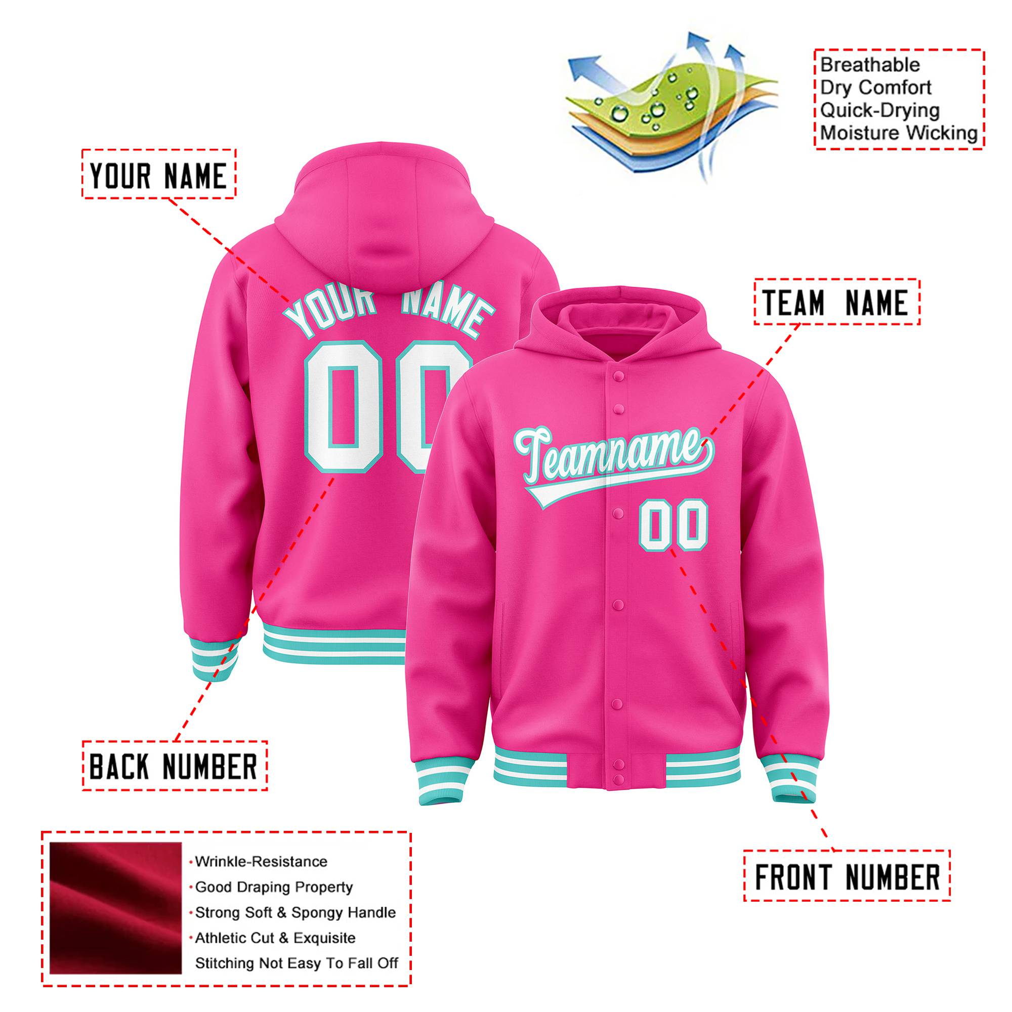 Custom Pink White-Aqua Varsity Full-Snap Letterman Classic Hoodie Jacket