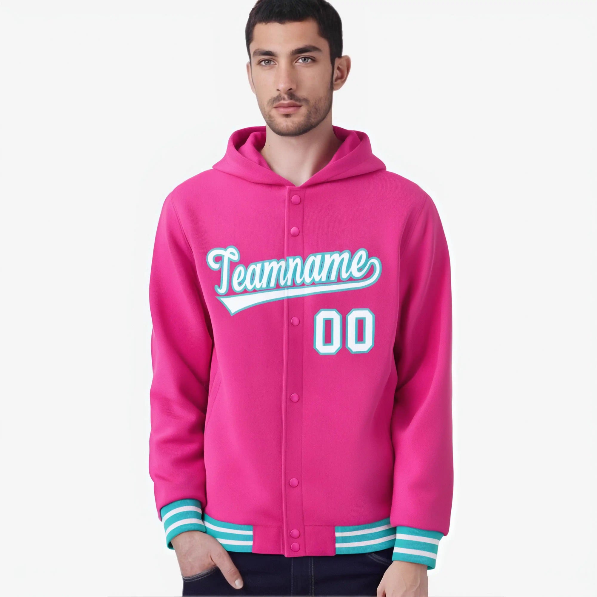 Custom Pink White-Aqua Varsity Full-Snap Letterman Classic Hoodie Jacket