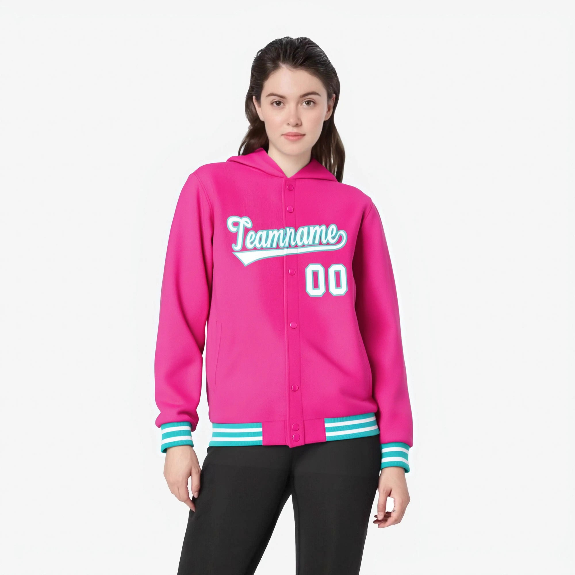 Custom Pink White-Aqua Varsity Full-Snap Letterman Classic Hoodie Jacket