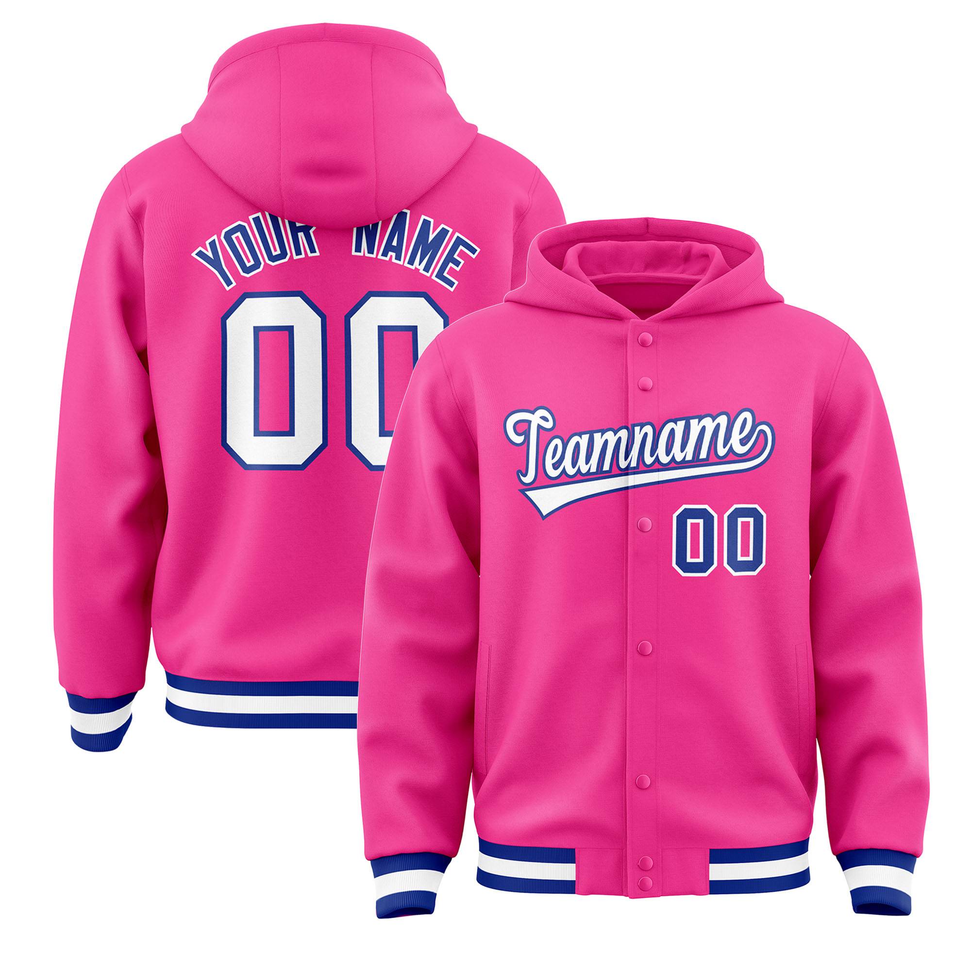 Custom Pink White-Royal Blue Varsity Full-Snap Letterman Classic Hoodie Jacket