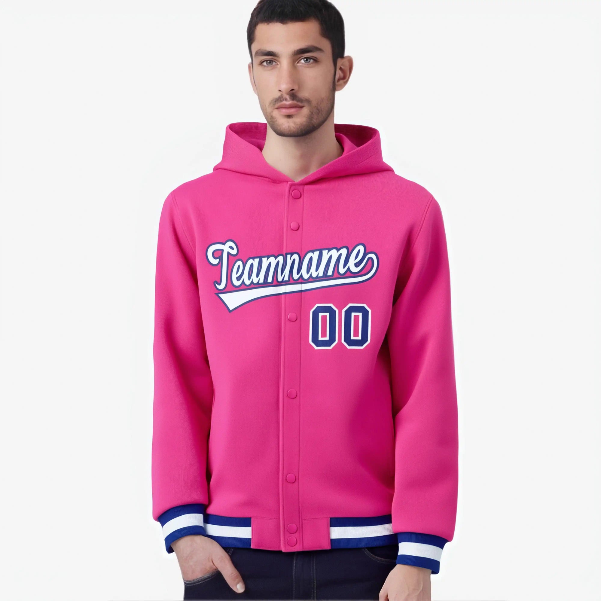 Custom Pink White-Royal Blue Varsity Full-Snap Letterman Classic Hoodie Jacket