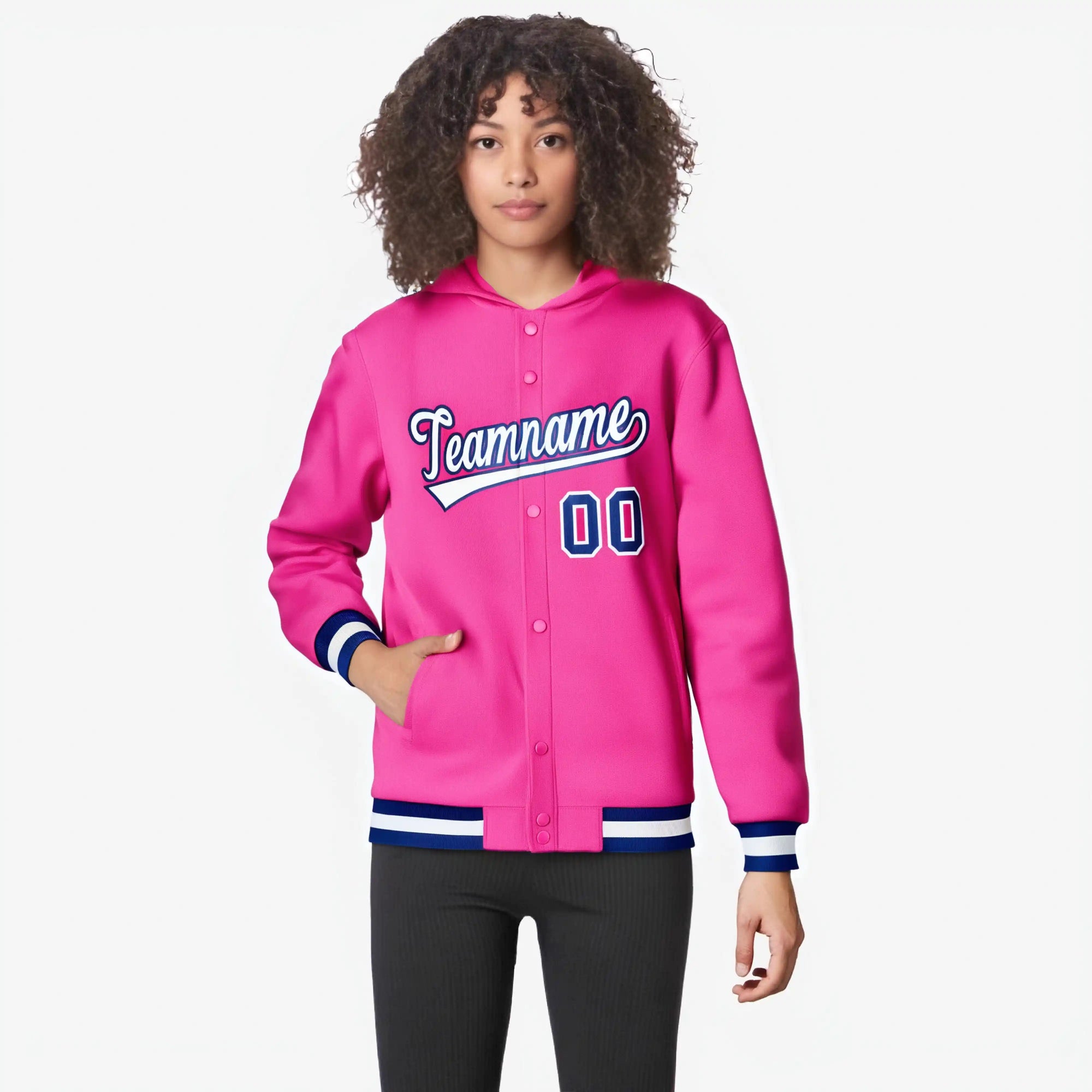 Custom Pink White-Royal Blue Varsity Full-Snap Letterman Classic Hoodie Jacket