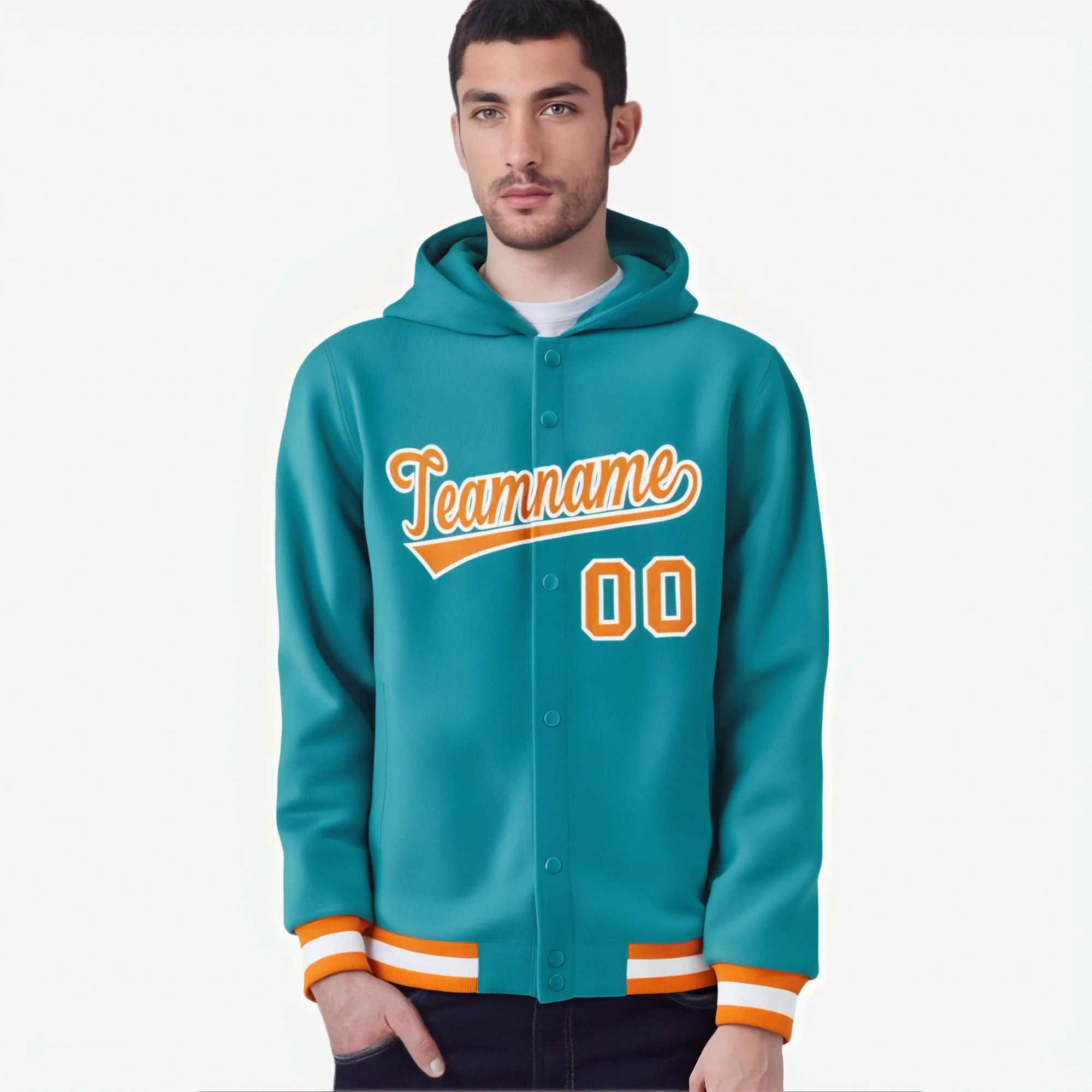 Custom Aqua Orange-White Varsity Full-Snap Letterman Classic Hoodie Jacket