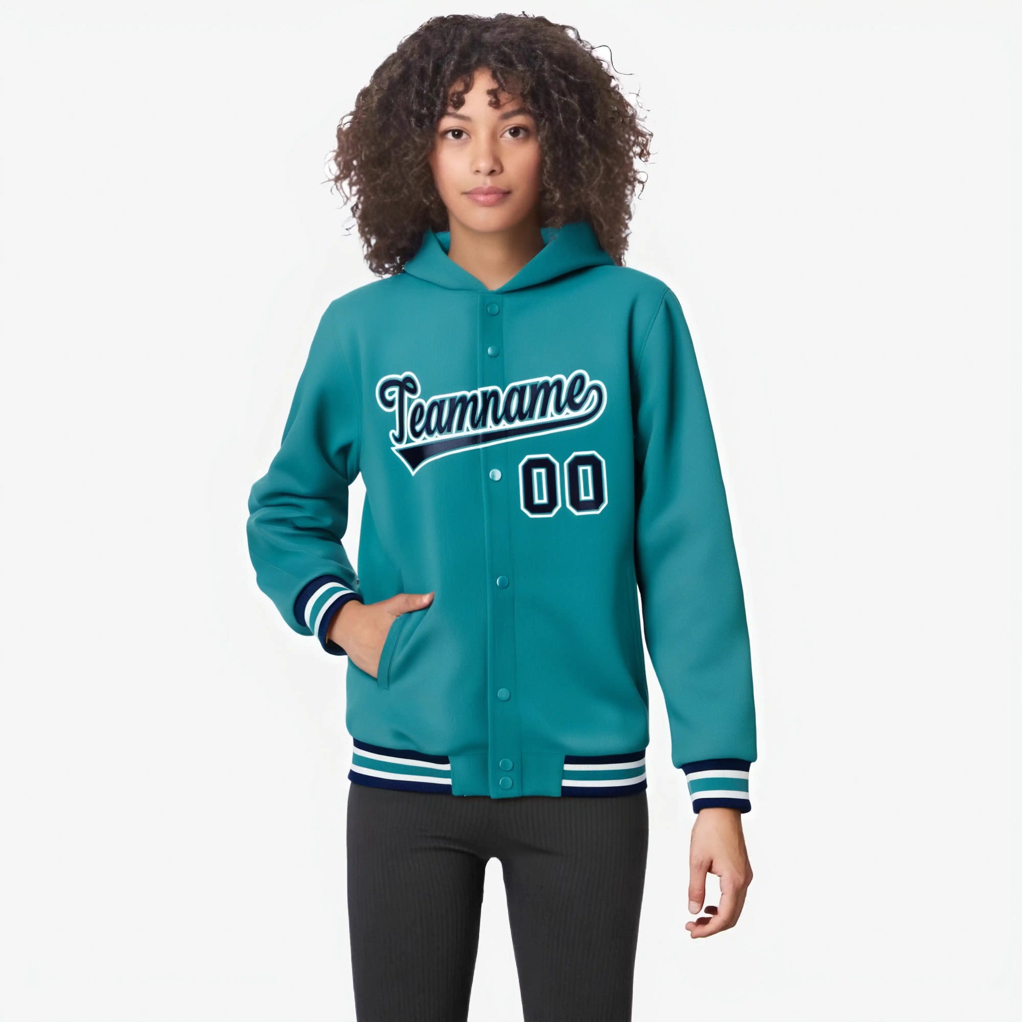 Custom Aqua Navy-White Varsity Full-Snap Letterman Classic Hoodie Jacket