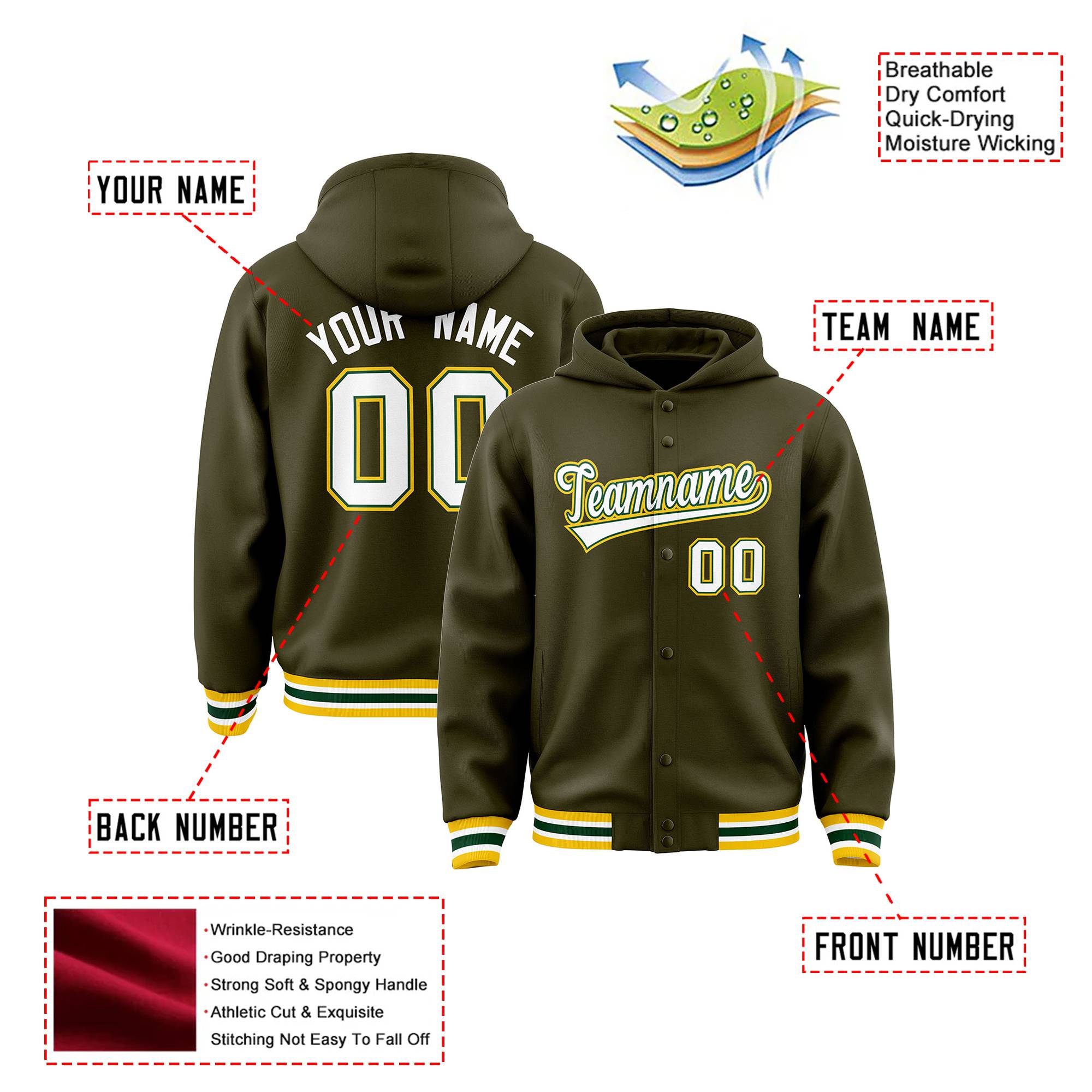 Custom Olive White-Gold Varsity Full-Snap Letterman Classic Hoodie Jacket