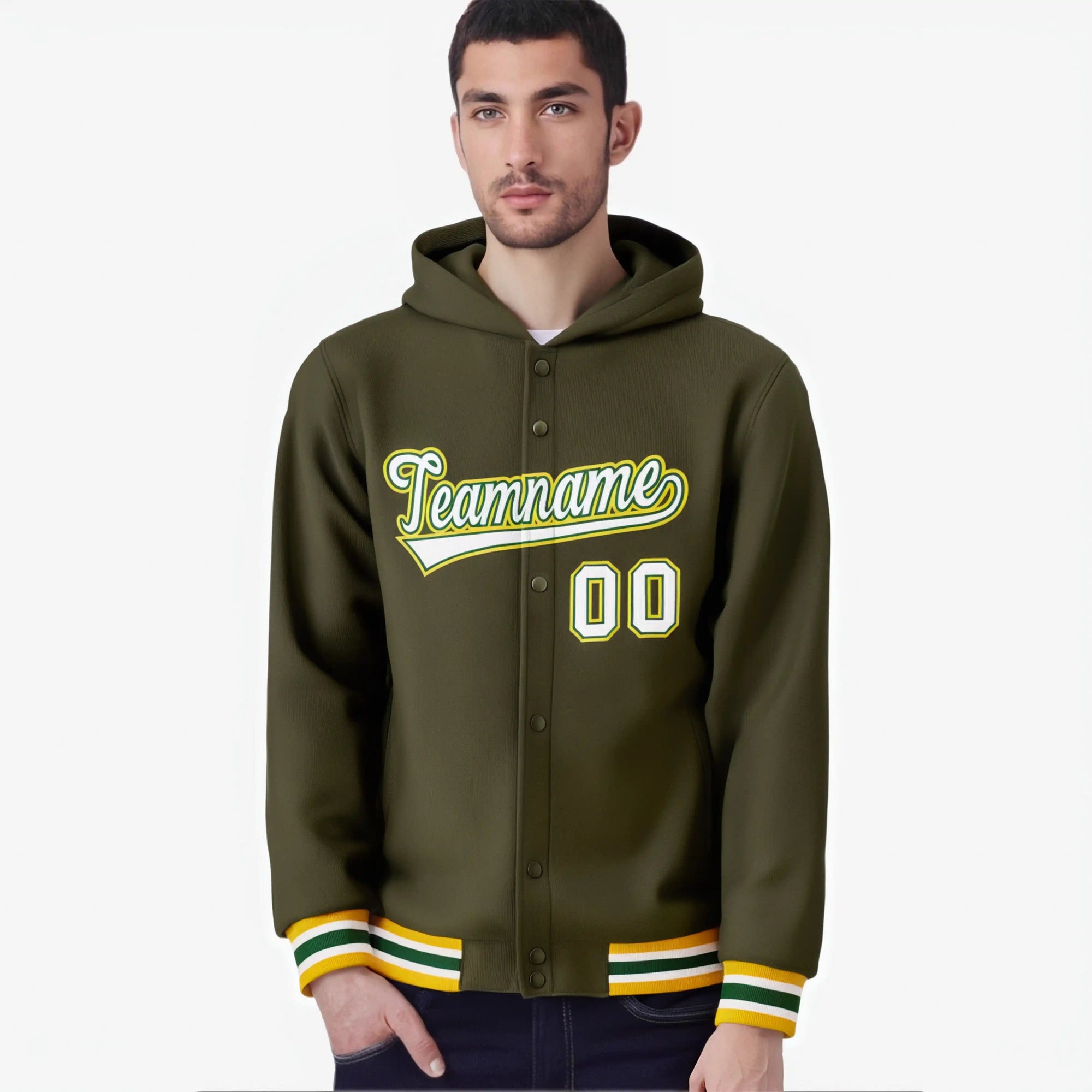 Custom Olive White-Gold Varsity Full-Snap Letterman Classic Hoodie Jacket