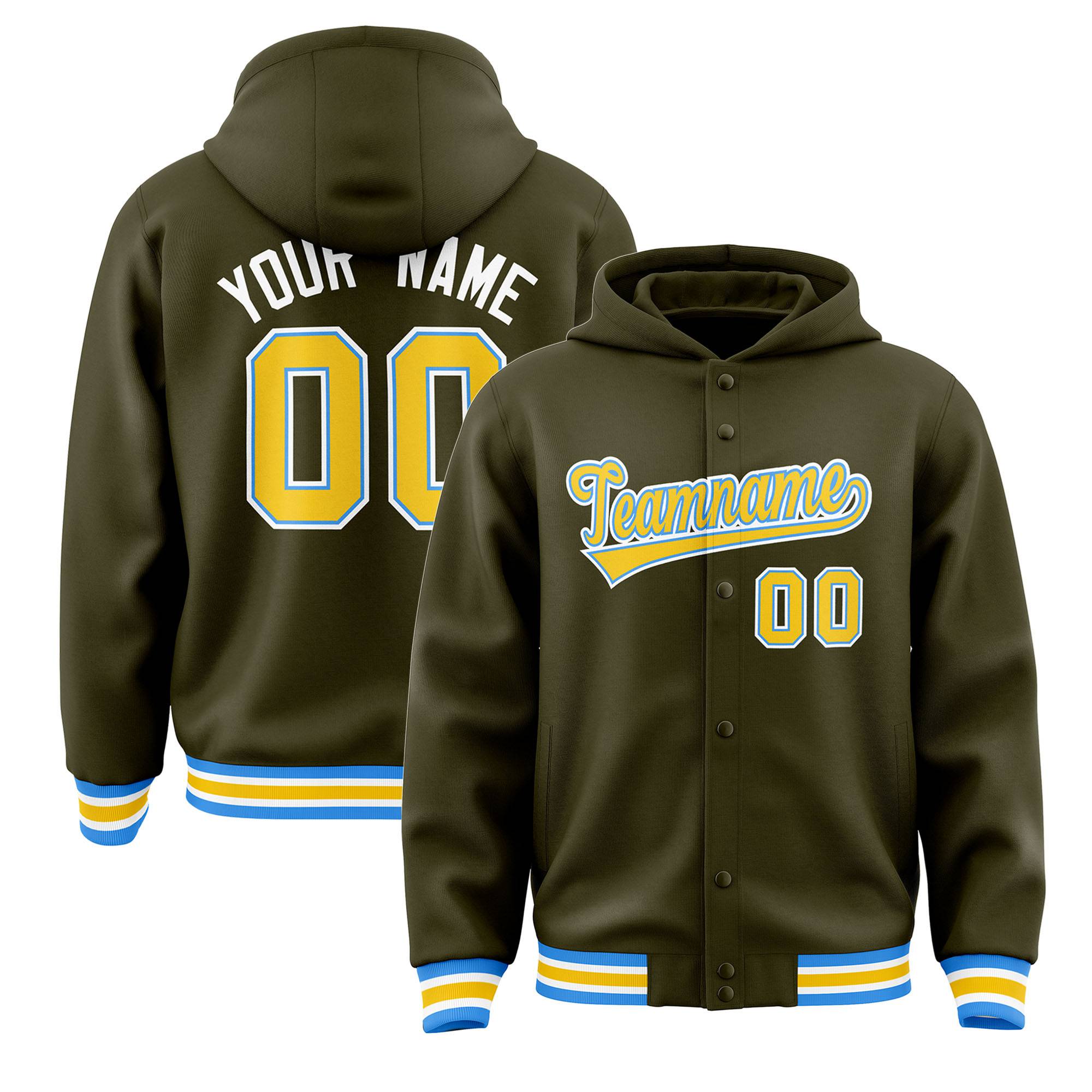 Custom Olive Gold-White Varsity Full-Snap Letterman Classic Hoodie Jacket