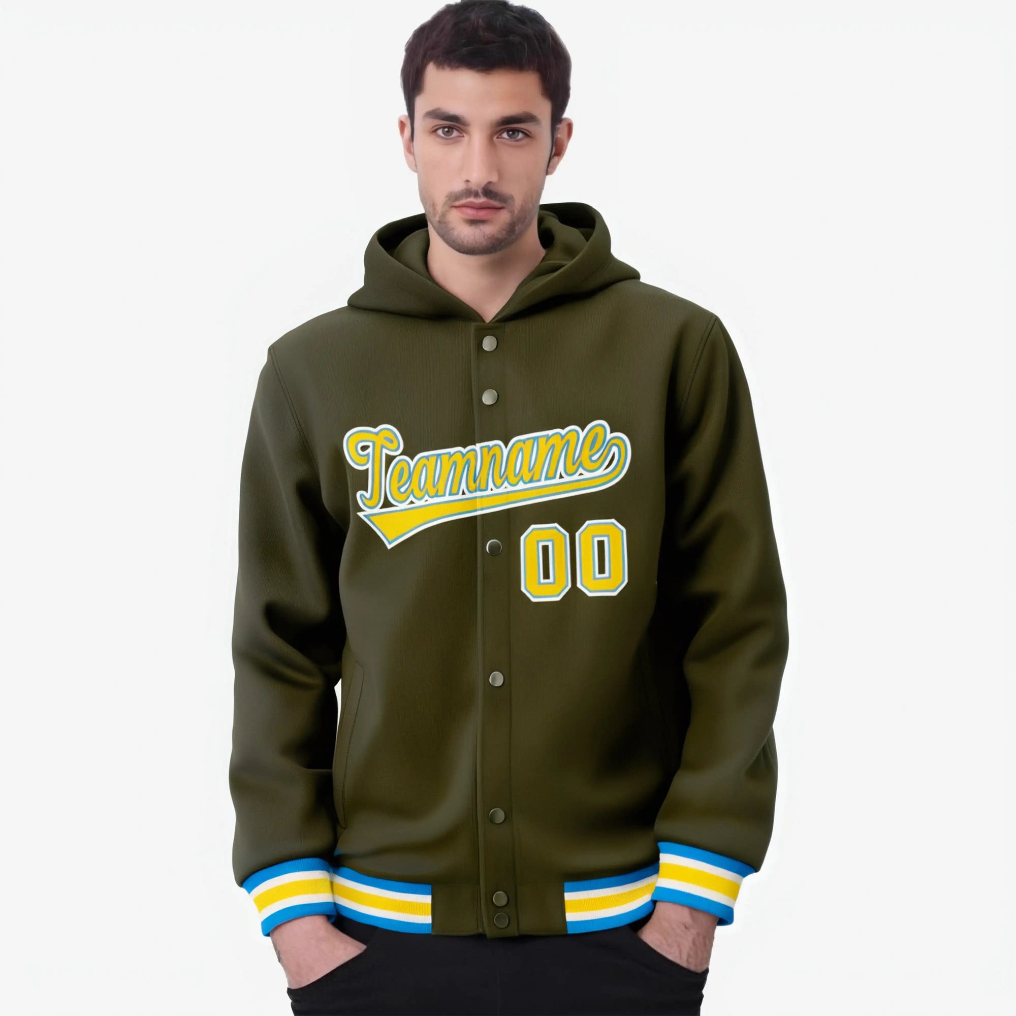 Custom Olive Gold-White Varsity Full-Snap Letterman Classic Hoodie Jacket