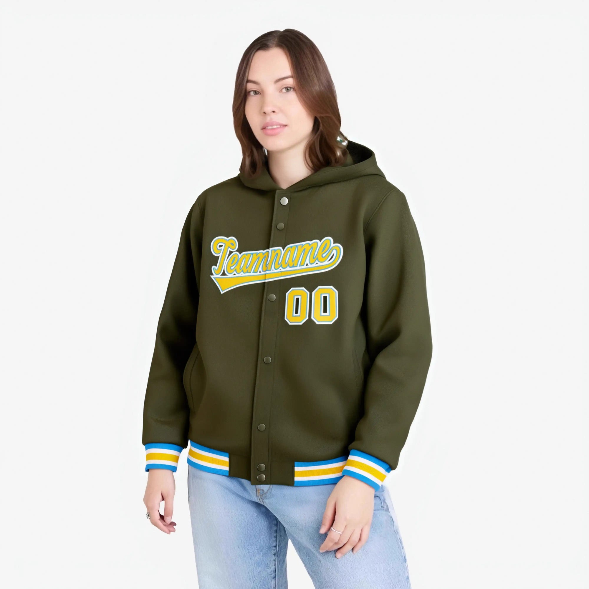 Custom Olive Gold-White Varsity Full-Snap Letterman Classic Hoodie Jacket